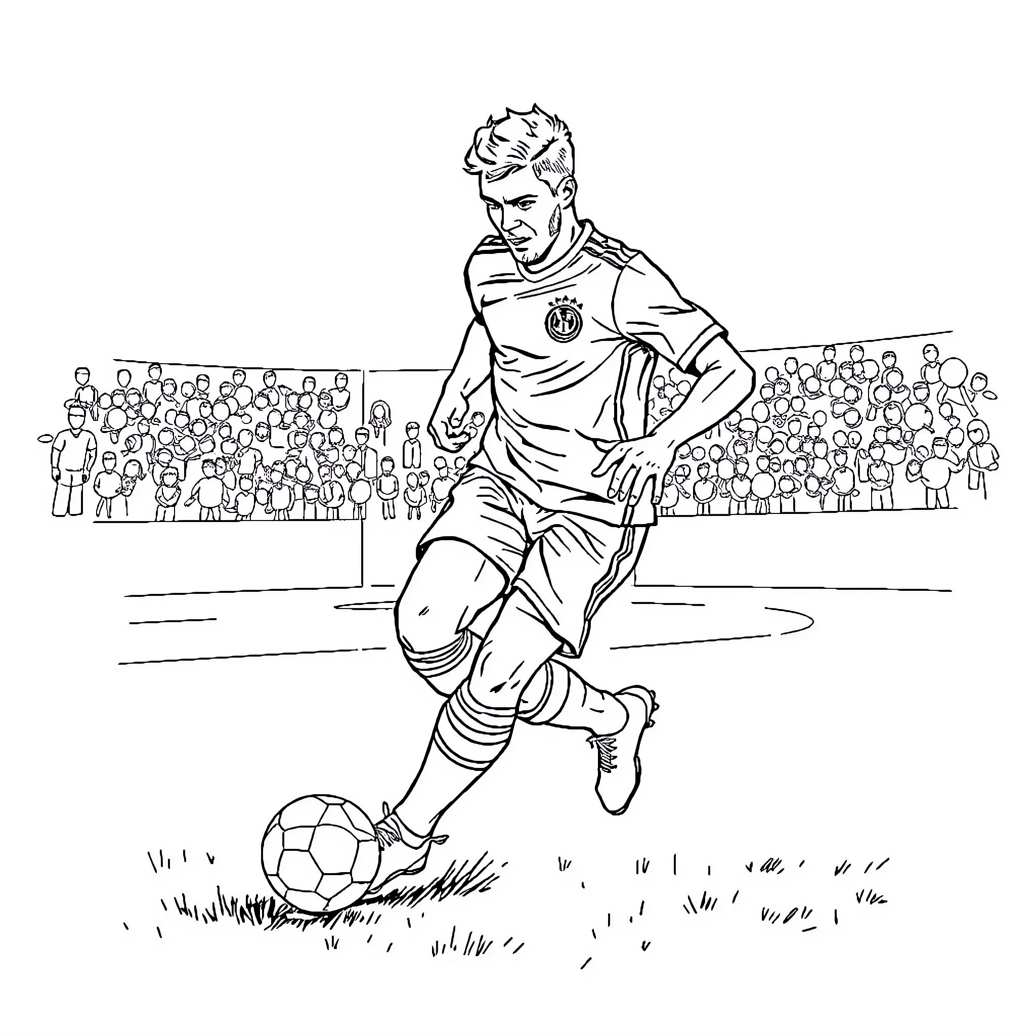 Football Player Dribbling Ball on Field with Crowd Coloring Page (free black-and-white line drawing printable PDF for all, from beginners to advanced learners, including children, teens, adults, and seniors)