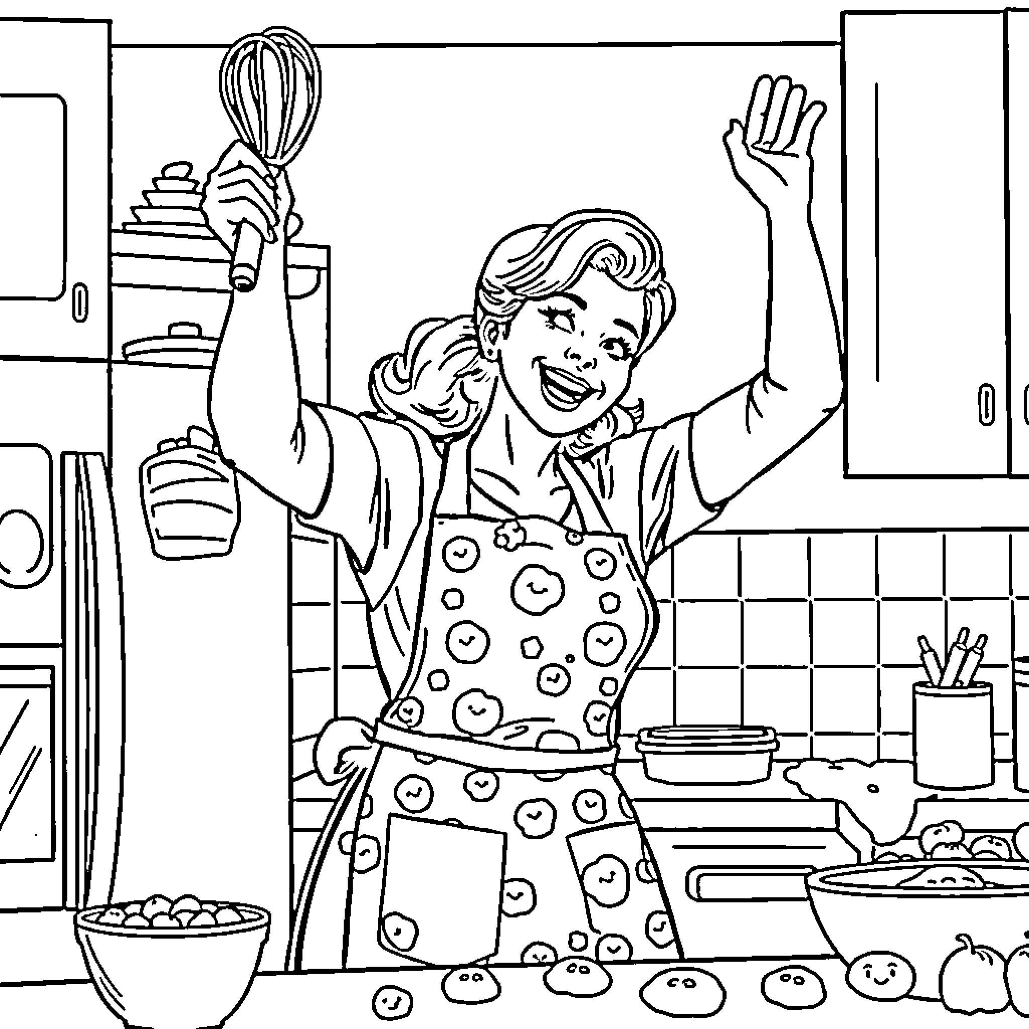 Mom happily cooking and baking in the kitchen Coloring Page (free black-and-white line drawing printable PDF for all, from beginners to advanced learners, including children, teens, adults, and seniors)