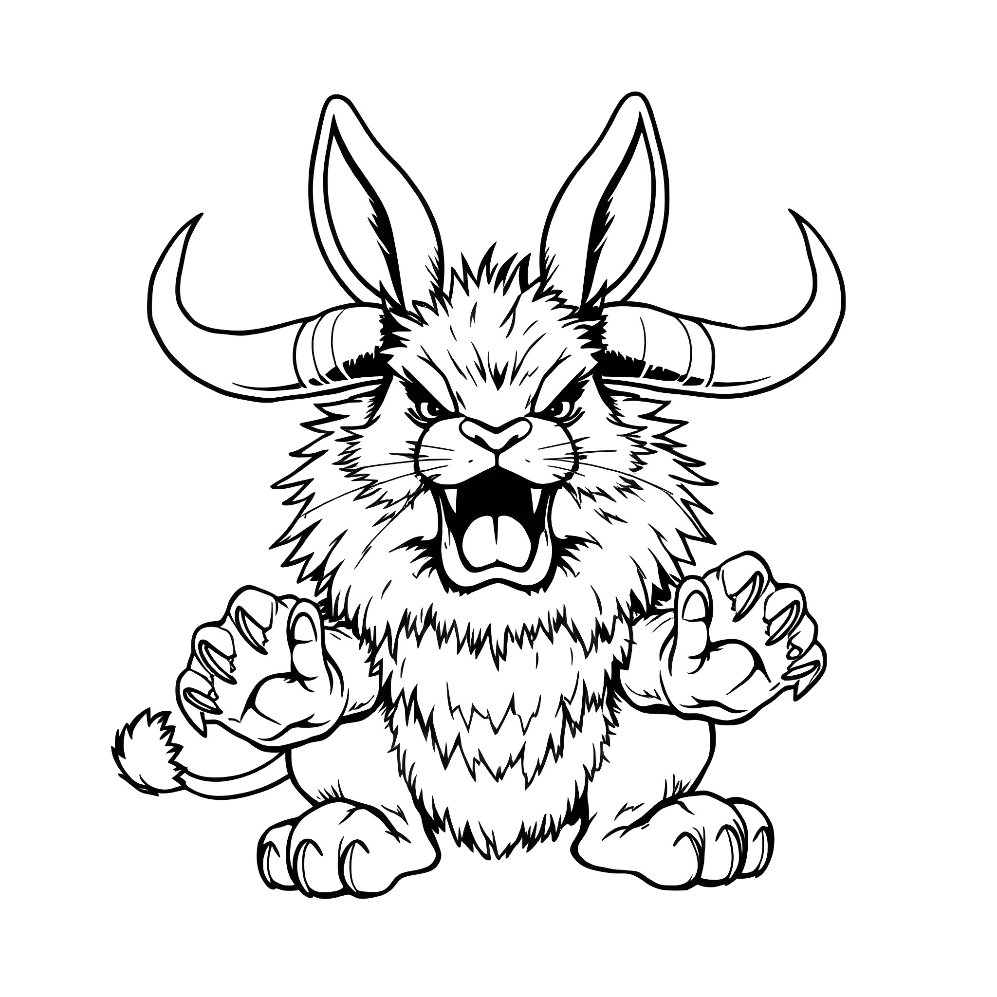 Bunny making a fierce expression Coloring Page (free black-and-white line drawing printable PDF for all, from beginners to advanced learners, including children, teens, adults, and seniors)