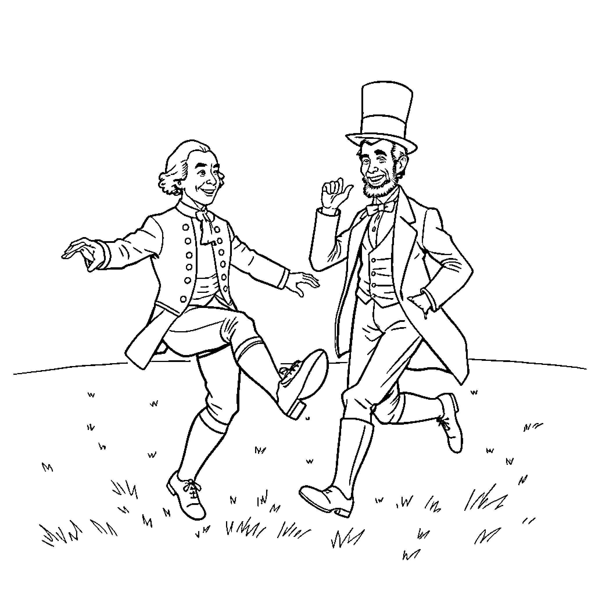 George Washington and friend dancing playfully in the park Coloring Page (free black-and-white line drawing printable PDF for all, from beginners to advanced learners, including children, teens, adults, and seniors)