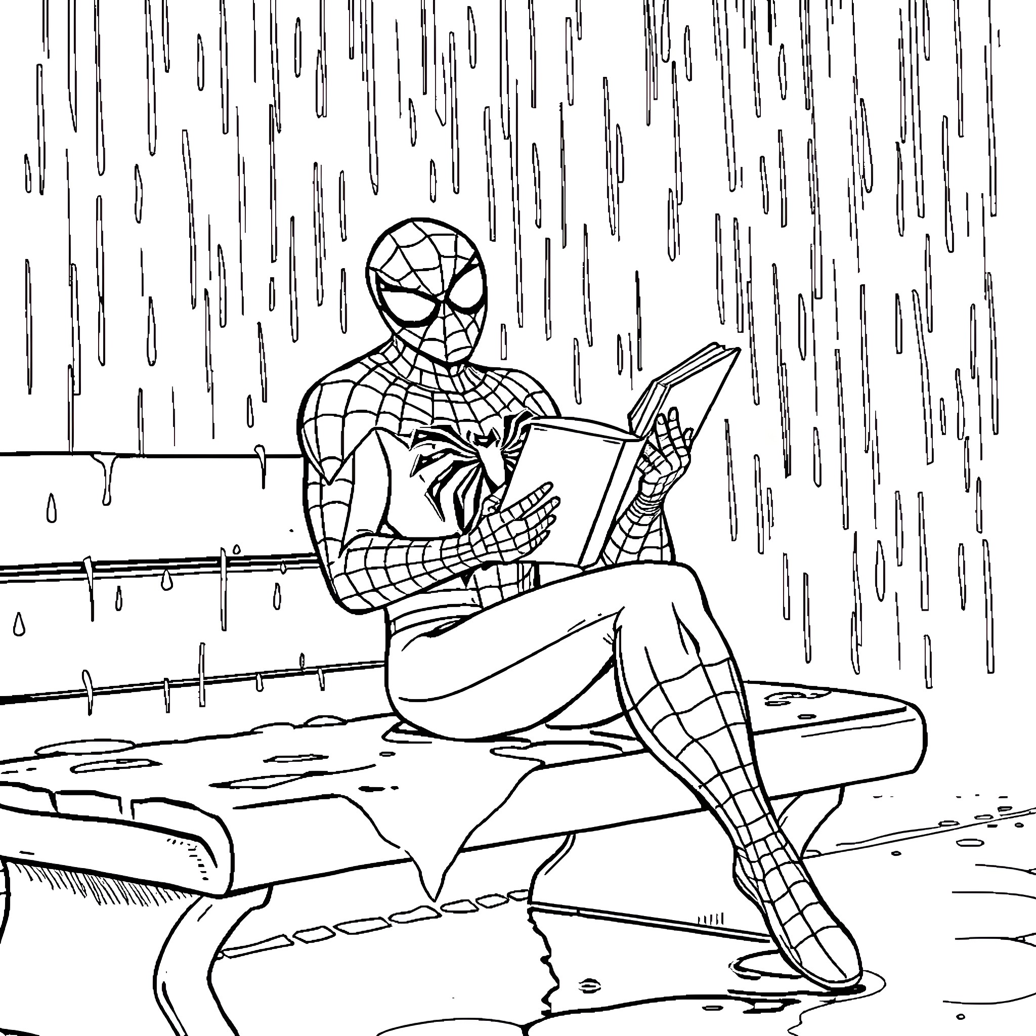 Spiderman reading in the rain Coloring Page (free black-and-white line drawing printable PDF for all, from beginners to advanced learners, including children, teens, adults, and seniors)