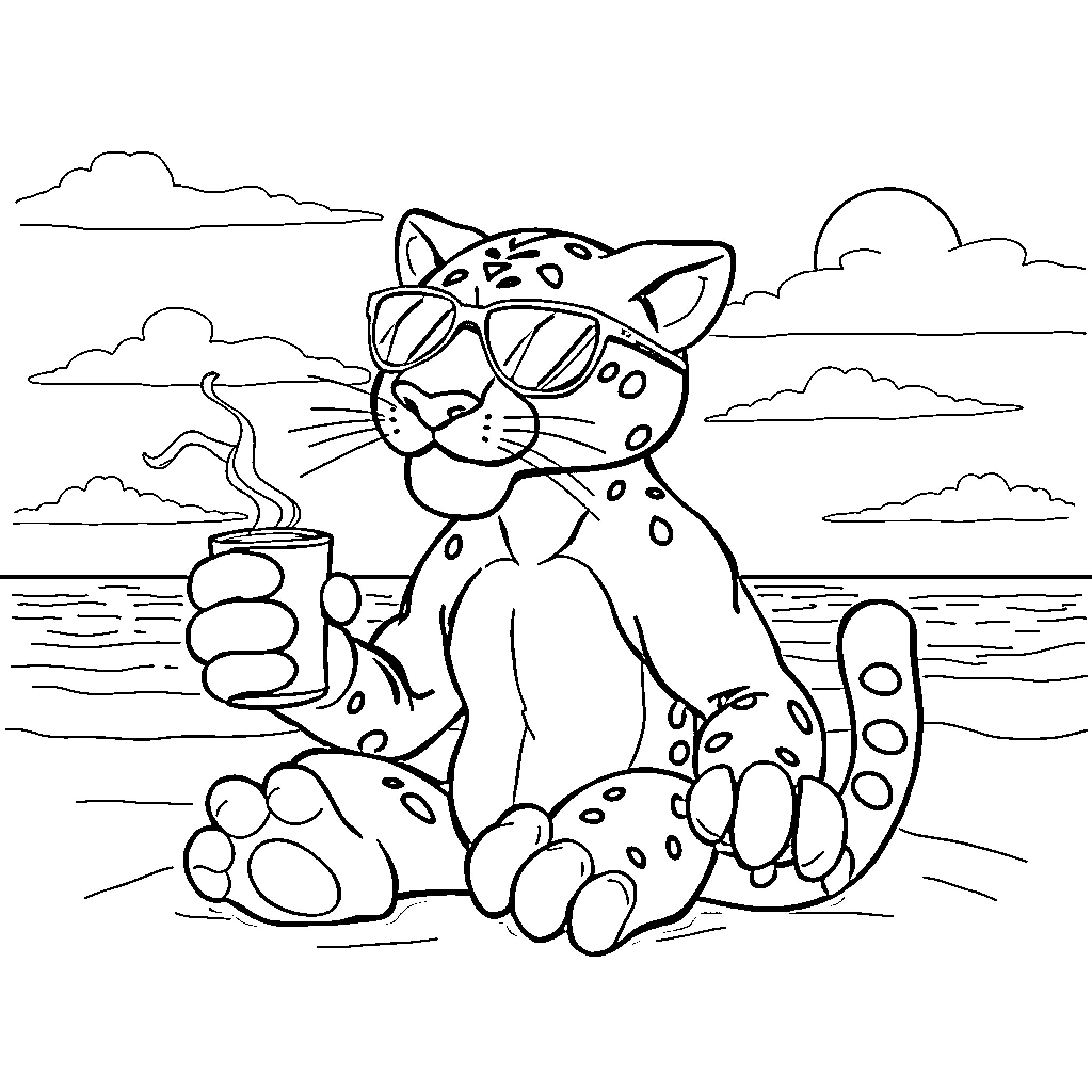 Panther enjoying cool drink on beach Coloring Page (free black-and-white line drawing printable PDF for all, from beginners to advanced learners, including children, teens, adults, and seniors)