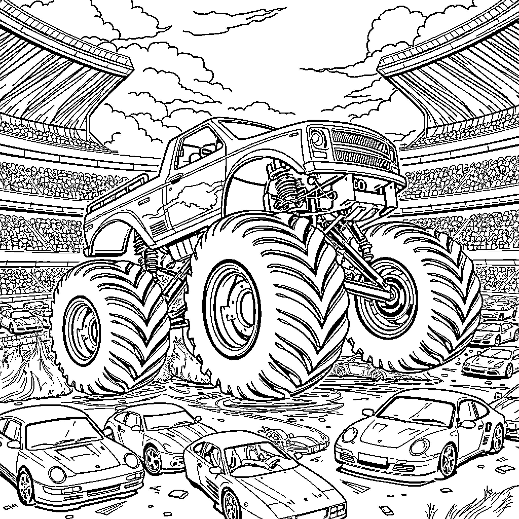 Monster Truck Performing Stunts in Stadium Arena Coloring Page (free black-and-white line drawing printable PDF for all, from beginners to advanced learners, including children, teens, adults, and seniors)