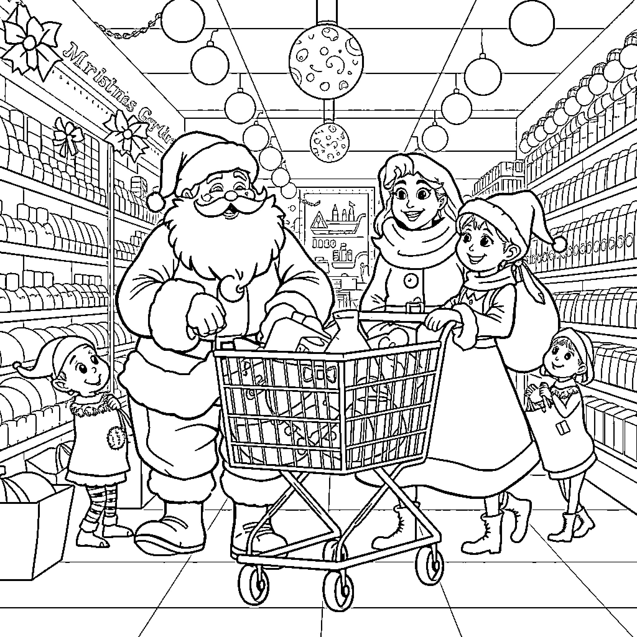 Santa and Family Shopping for the Holidays Coloring Page (free black-and-white line drawing printable PDF for all, from beginners to advanced learners, including children, teens, adults, and seniors)