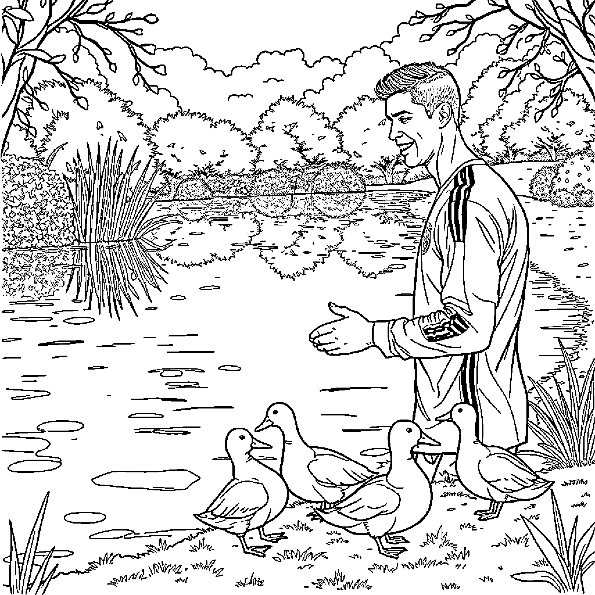 Cristiano Ronaldo interacting with ducklings by a serene lake Coloring Page (free black-and-white line drawing printable PDF for all, from beginners to advanced learners, including children, teens, adults, and seniors)