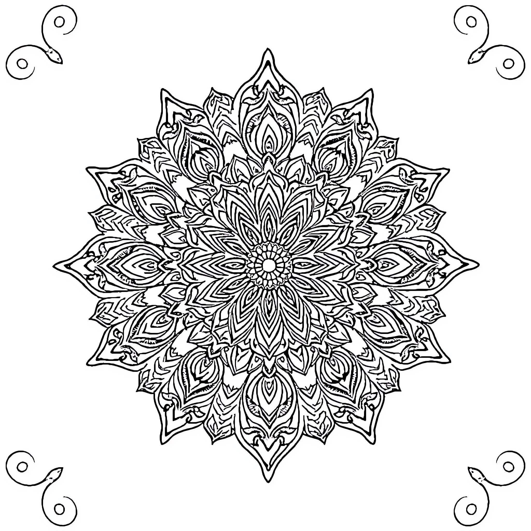 Mandala of intricate floral patterns Coloring Page (free black-and-white line drawing printable PDF for all, from beginners to advanced learners, including children, teens, adults, and seniors)