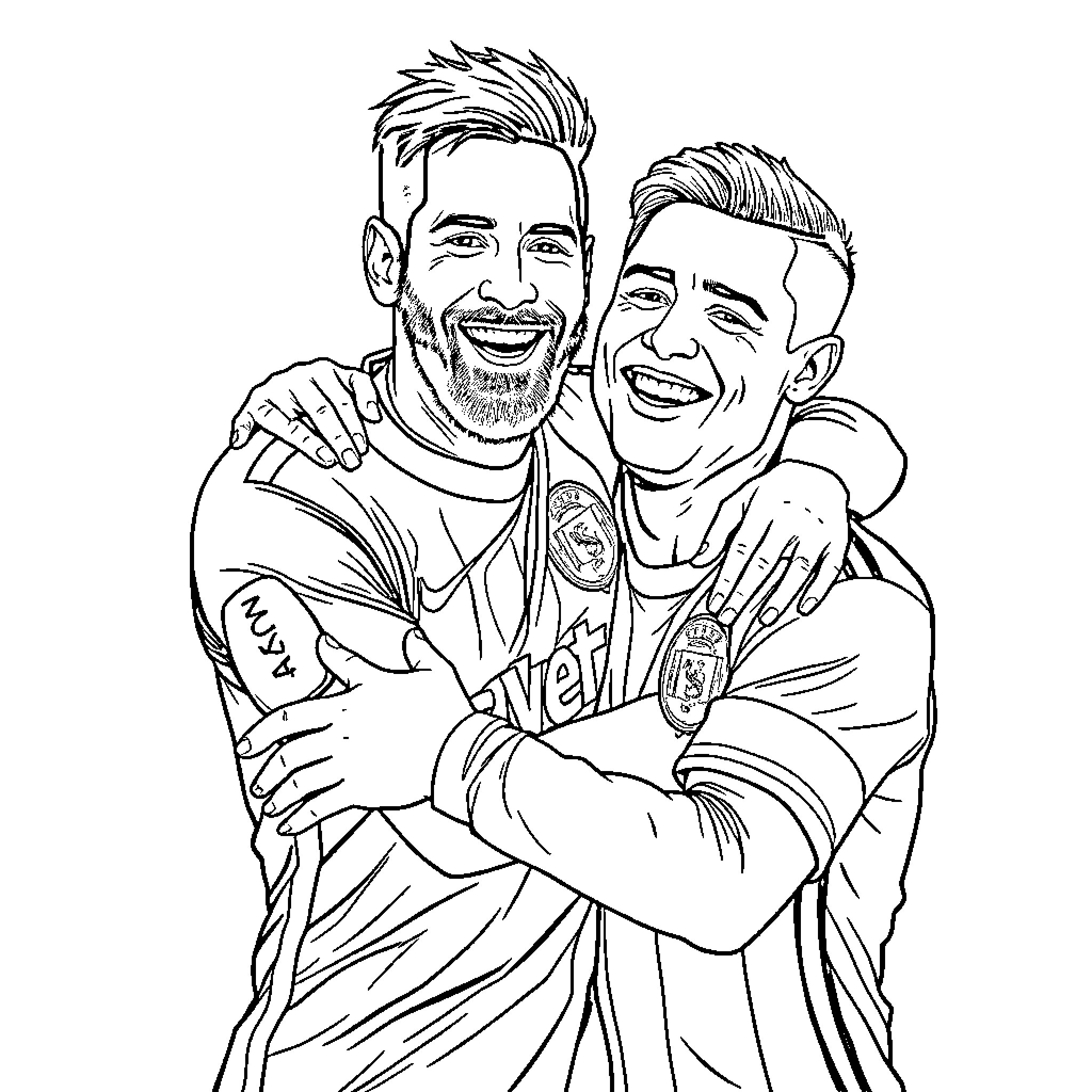 Messi and teammate celebrating joyfully Coloring Page (free black-and-white line drawing printable PDF for all, from beginners to advanced learners, including children, teens, adults, and seniors)