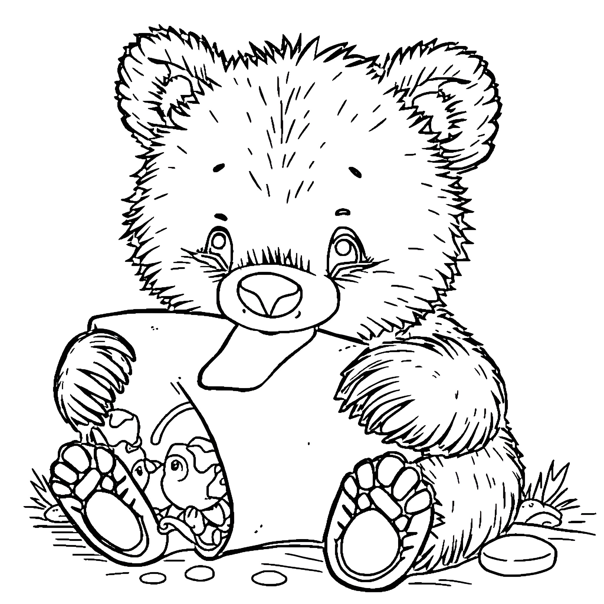 Bear playing with pebbles on the ground Coloring Page (free black-and-white line drawing printable PDF for all, from beginners to advanced learners, including children, teens, adults, and seniors)