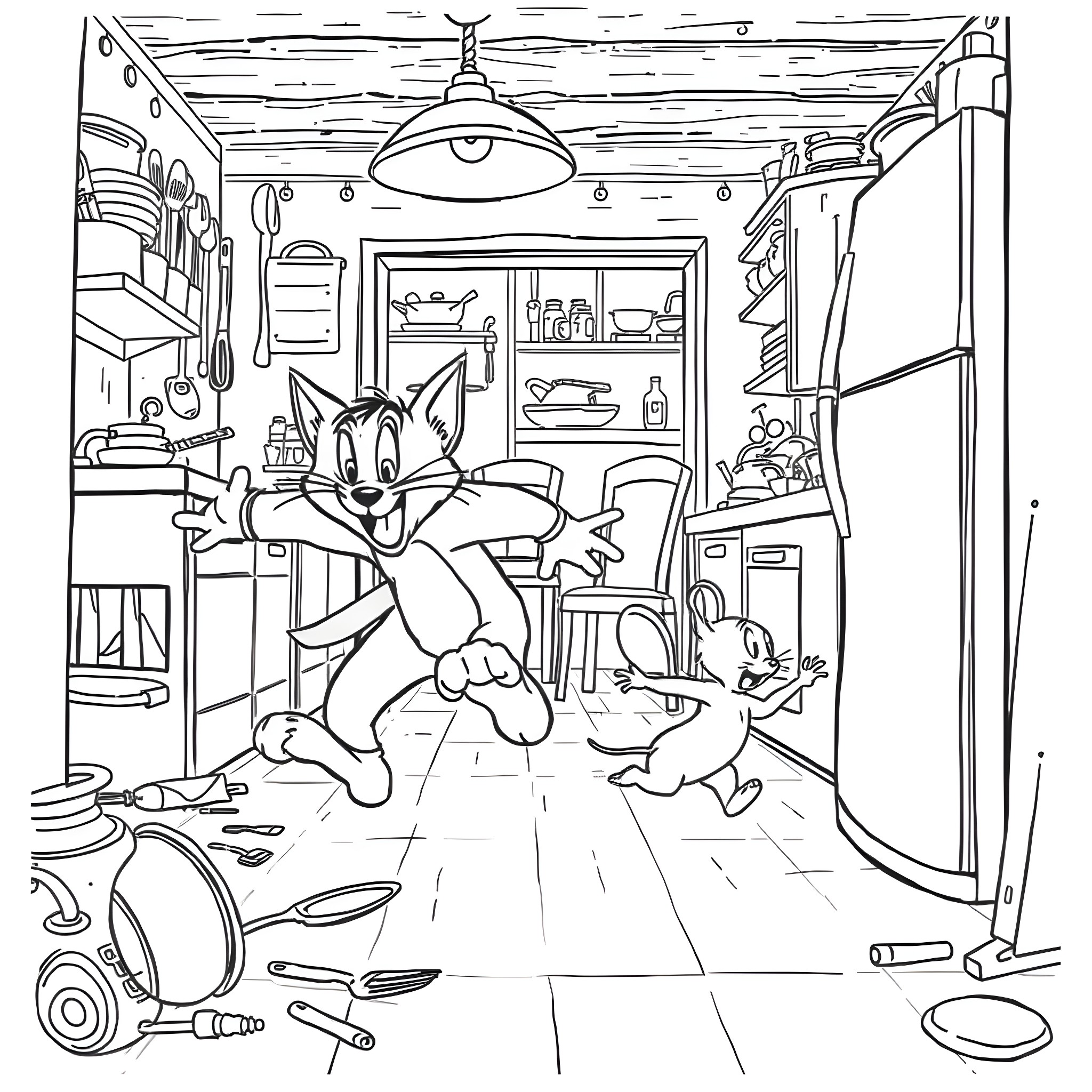 Tom's Crazy Kitchen Adventure Coloring Page (free black-and-white line drawing printable PDF for all, from beginners to advanced learners, including children, teens, adults, and seniors)