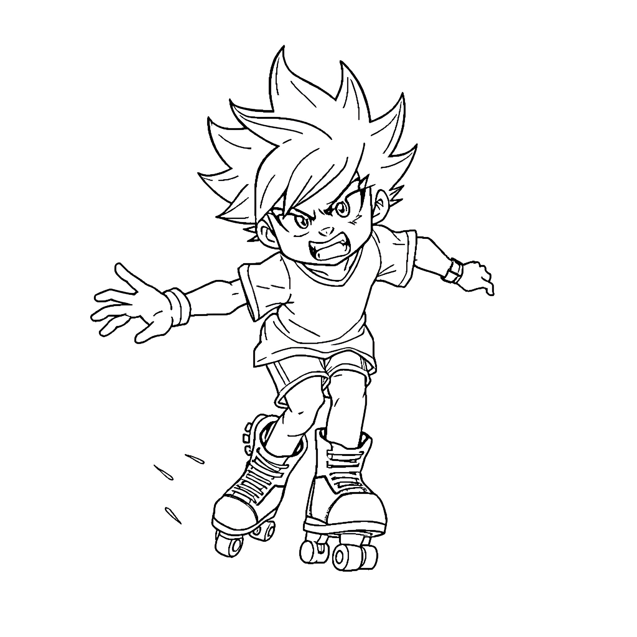 Katsuki Bakugou Riding Roller Skates with Excitement Coloring Page (free black-and-white line drawing printable PDF for all, from beginners to advanced learners, including children, teens, adults, and seniors)