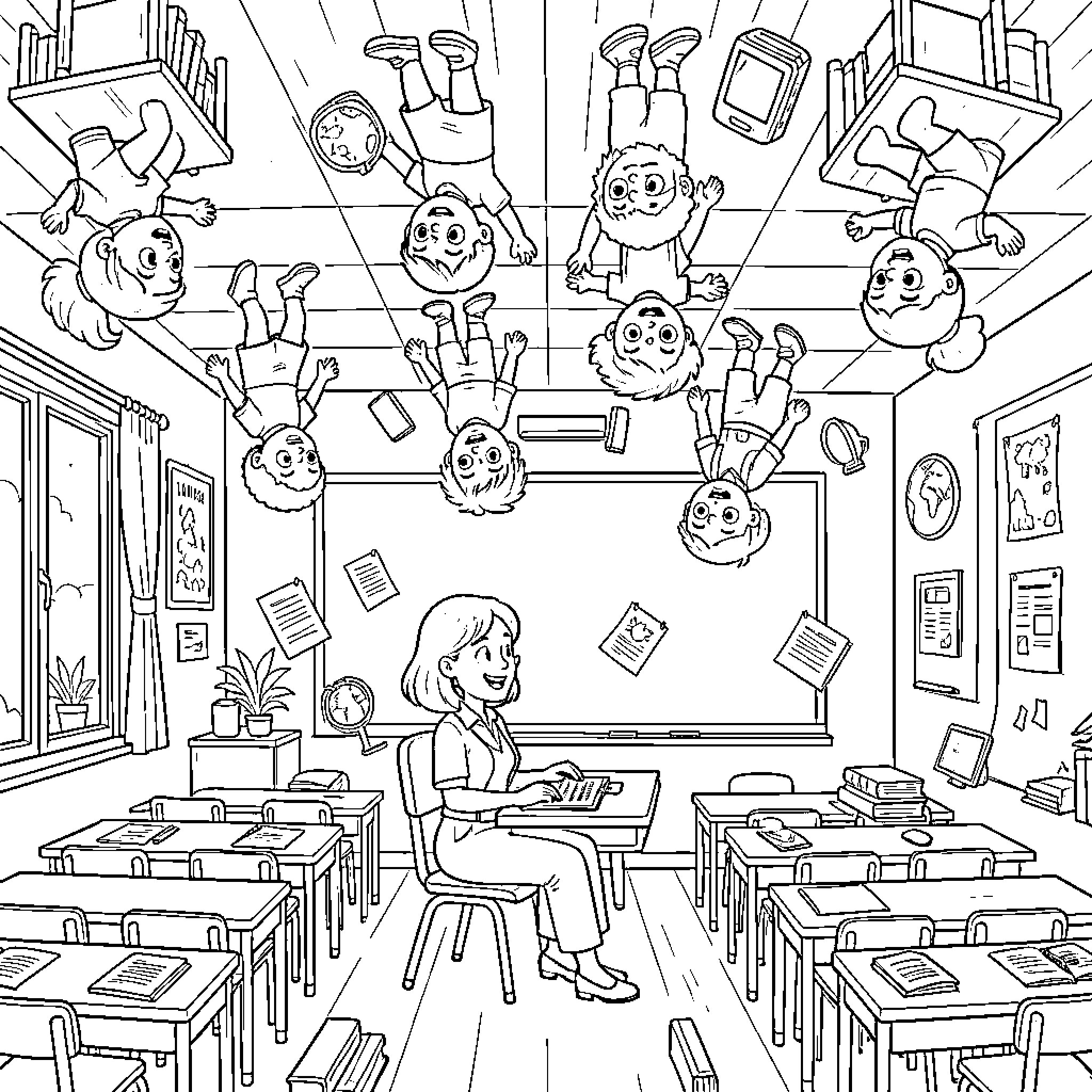 Cartoon characters in a chaotic classroom scene Coloring Page (free black-and-white line drawing printable PDF for all, from beginners to advanced learners, including children, teens, adults, and seniors)