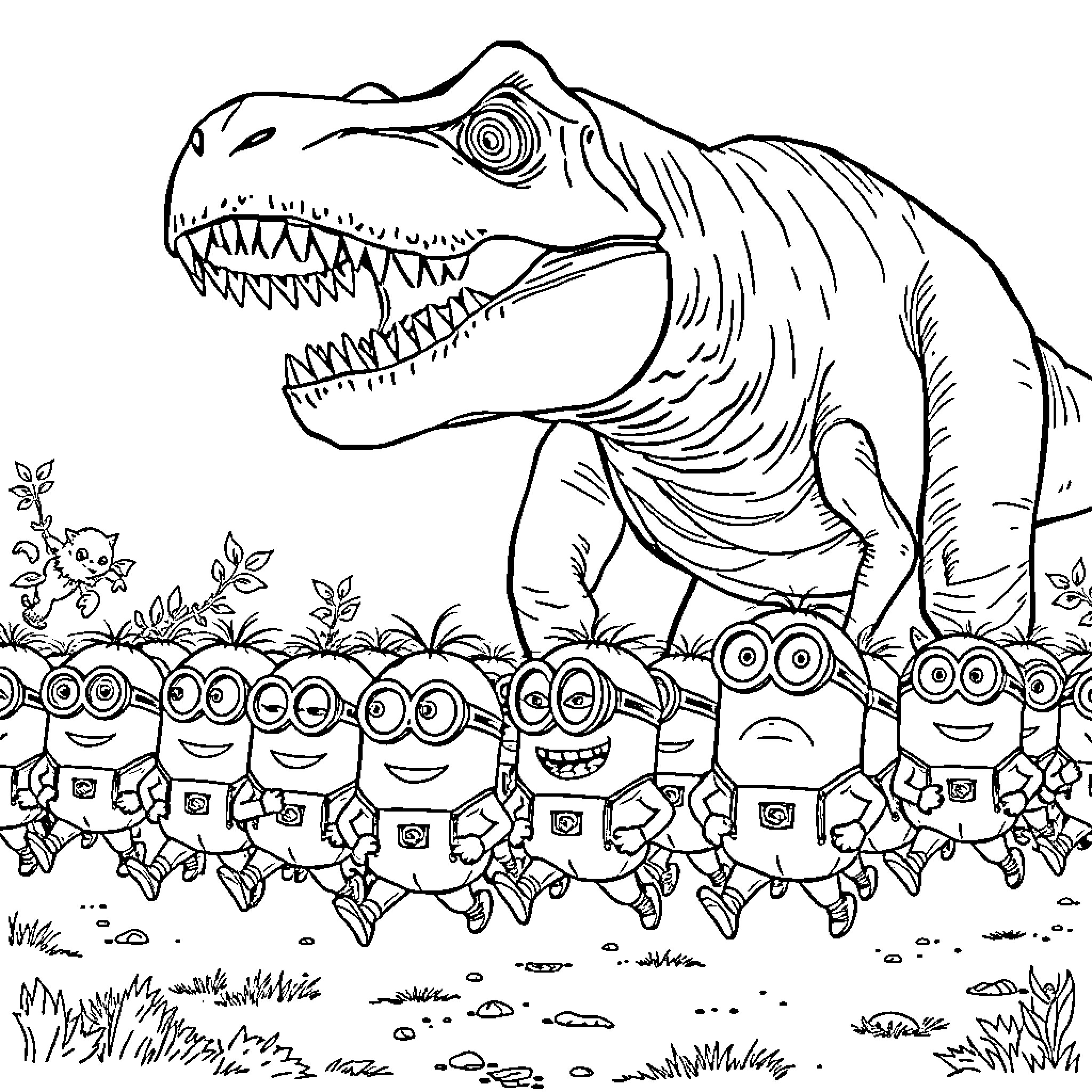 Minions running from a Dinosaur in the Wilderness Coloring Page (free black-and-white line drawing printable PDF for all, from beginners to advanced learners, including children, teens, adults, and seniors)