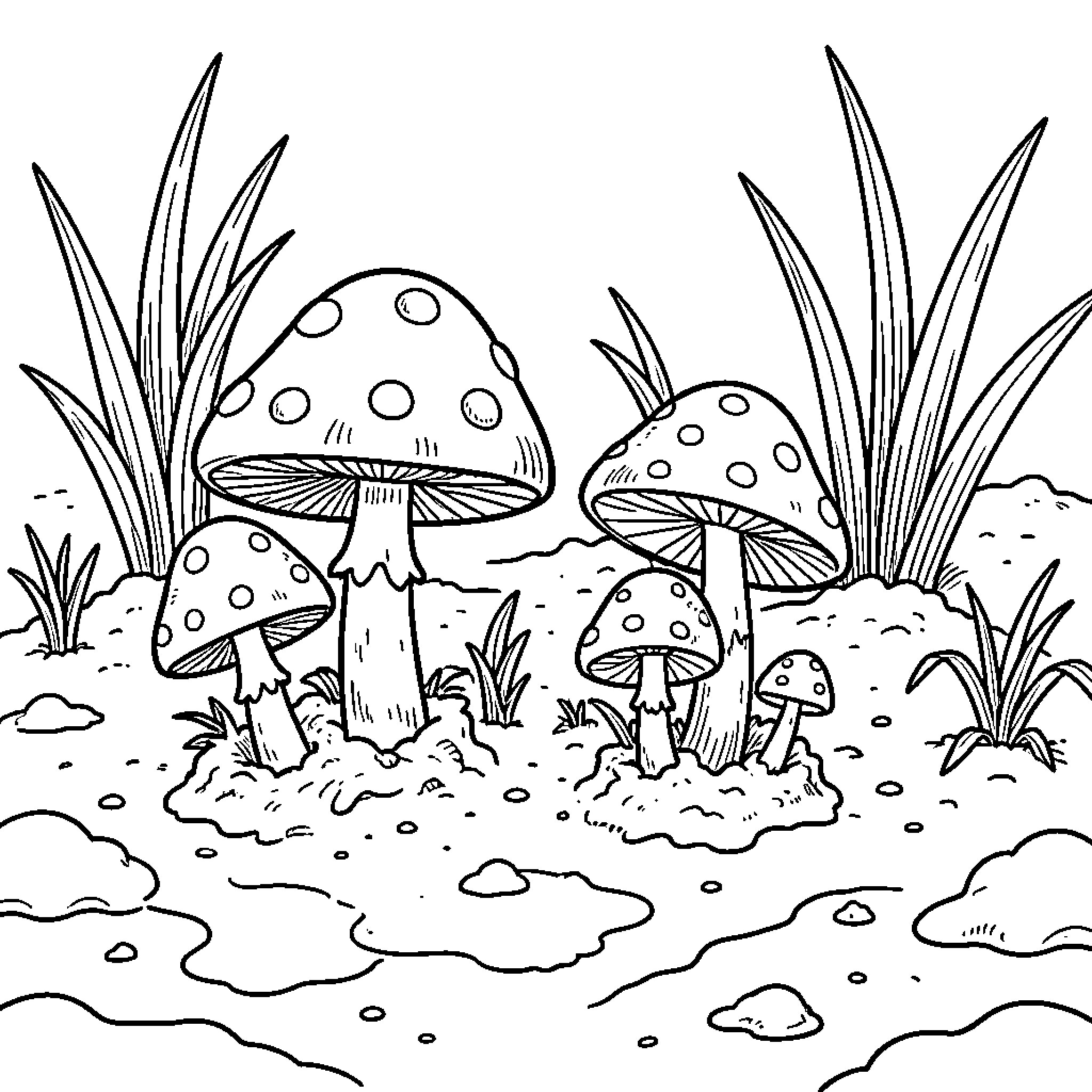 Mushroom group growing together in a grassy field Coloring Page (free black-and-white line drawing printable PDF for all, from beginners to advanced learners, including children, teens, adults, and seniors)