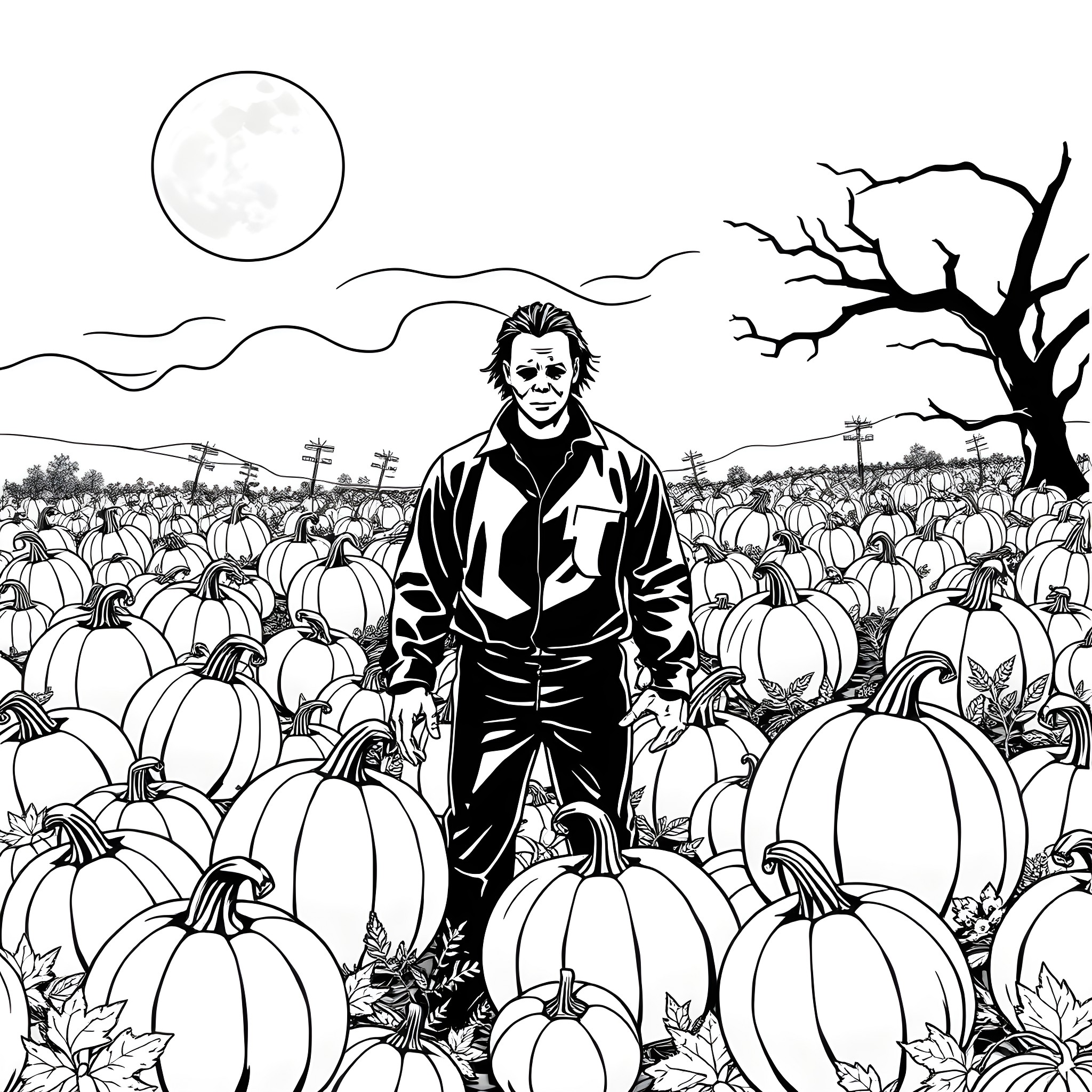 Michael Myers stalking through a pumpkin patch Coloring Page (free black-and-white line drawing printable PDF for all, from beginners to advanced learners, including children, teens, adults, and seniors)