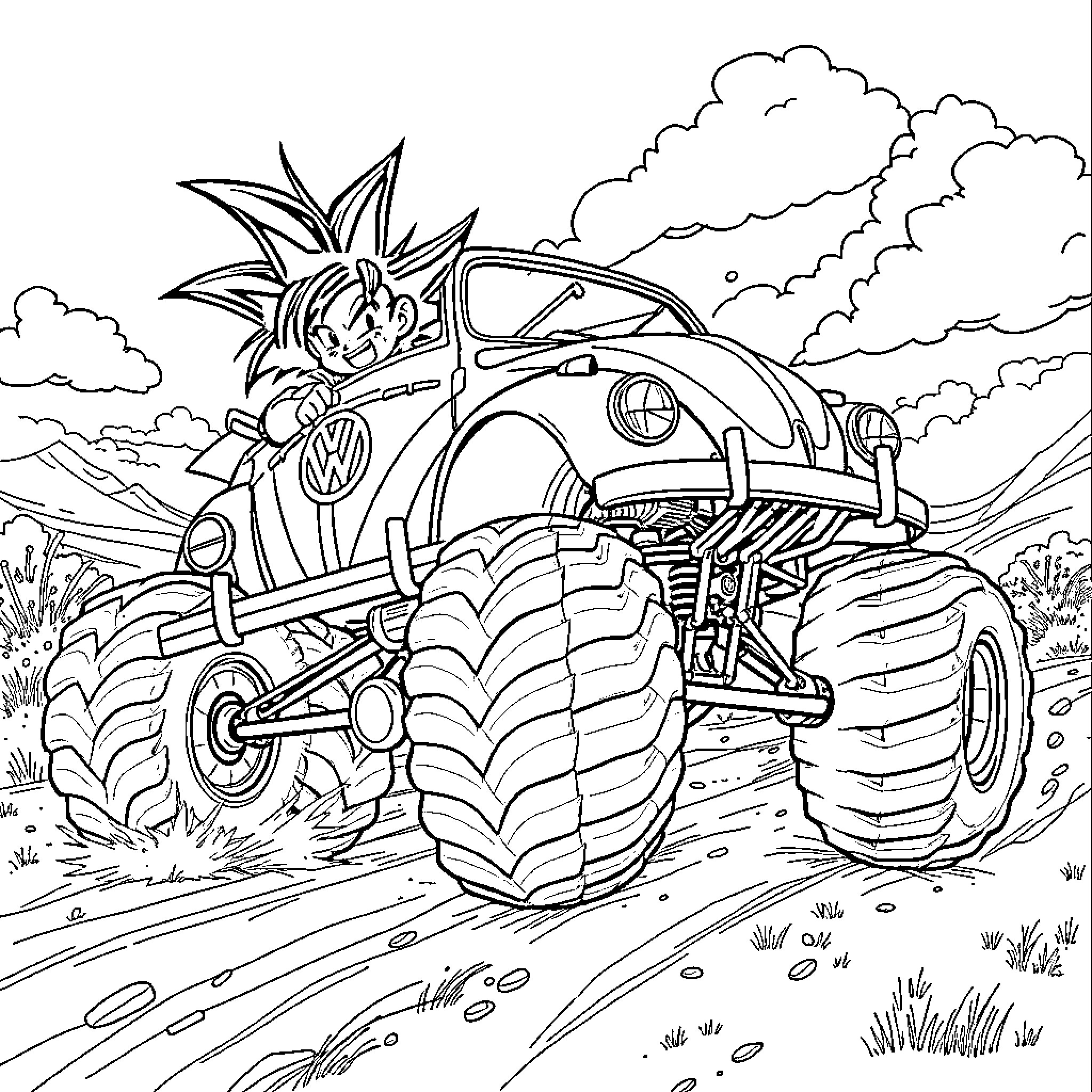 VW Bug Monster Truck Adventure Coloring Page (free black-and-white line drawing printable PDF for all, from beginners to advanced learners, including children, teens, adults, and seniors)