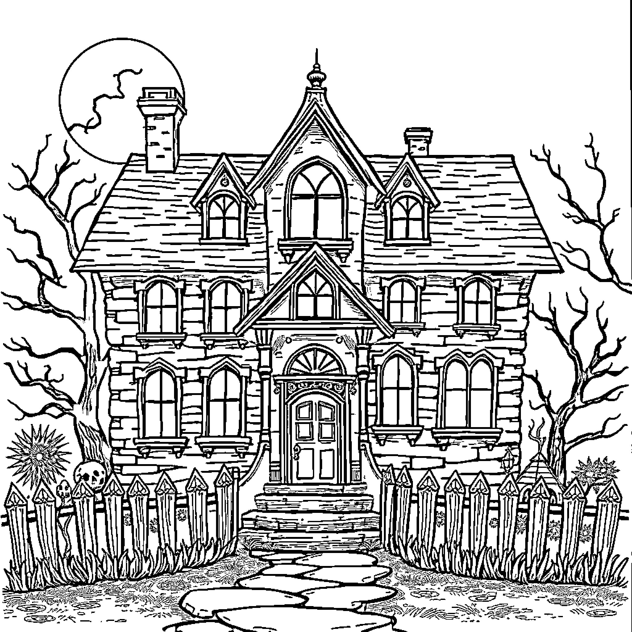 Haunted House with Spooky Atmosphere and Eerie Details Coloring Page (free black-and-white line drawing printable PDF for all, from beginners to advanced learners, including children, teens, adults, and seniors)