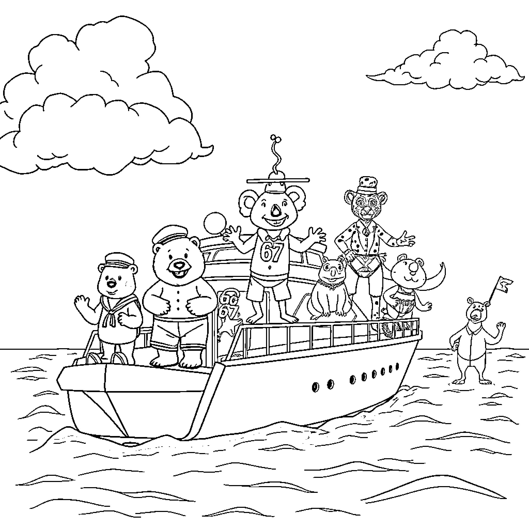 Yacht with cartoon animal characters on board Coloring Page (free black-and-white line drawing printable PDF for all, from beginners to advanced learners, including children, teens, adults, and seniors)