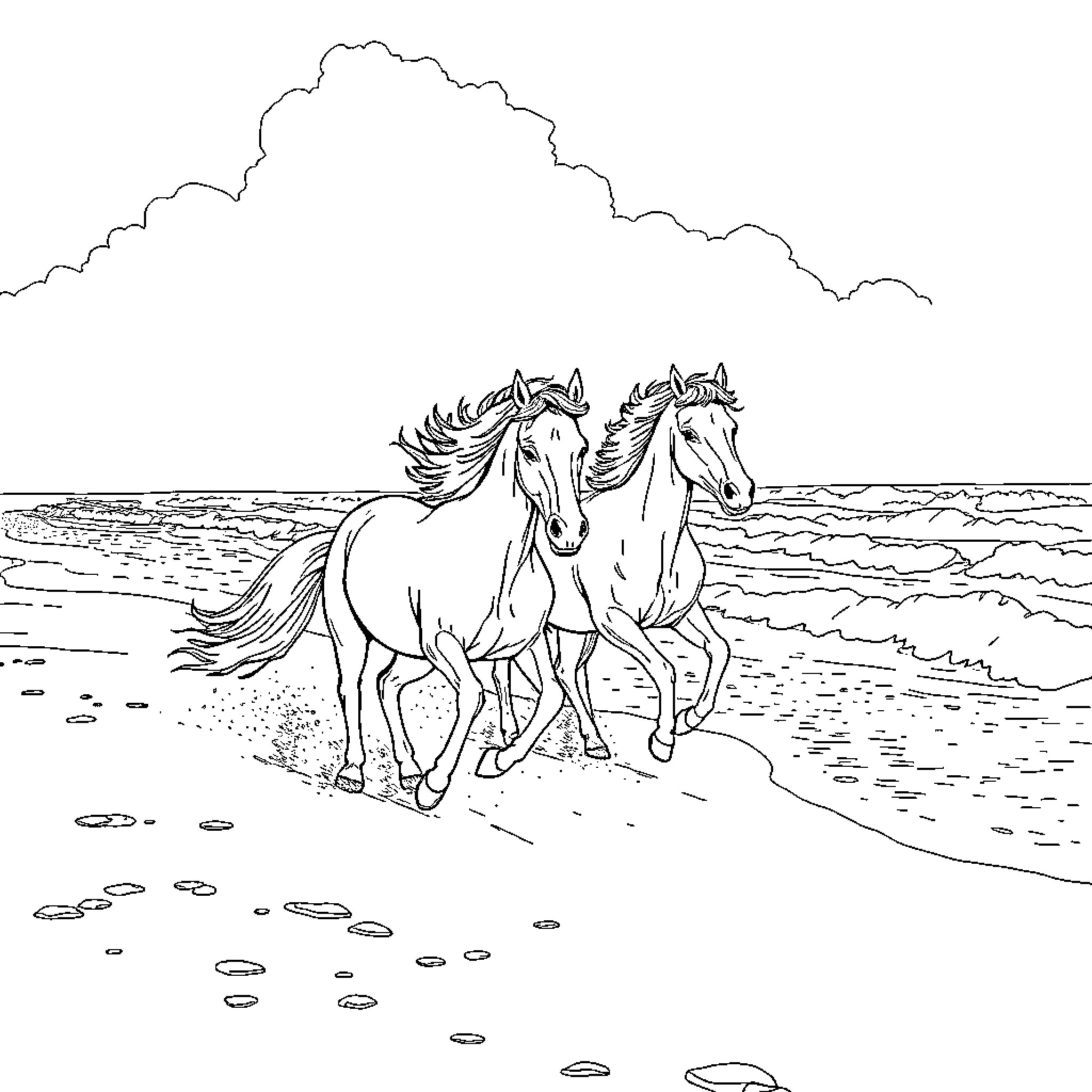 Horse pair galloping on the beach Coloring Page (free black-and-white line drawing printable PDF for all, from beginners to advanced learners, including children, teens, adults, and seniors)