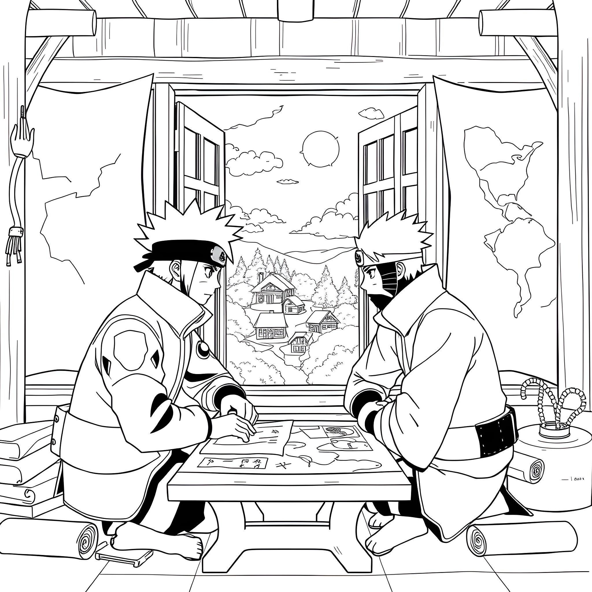 Kakashi discussing strategy with comrade Coloring Page (free black-and-white line drawing printable PDF for all, from beginners to advanced learners, including children, teens, adults, and seniors)