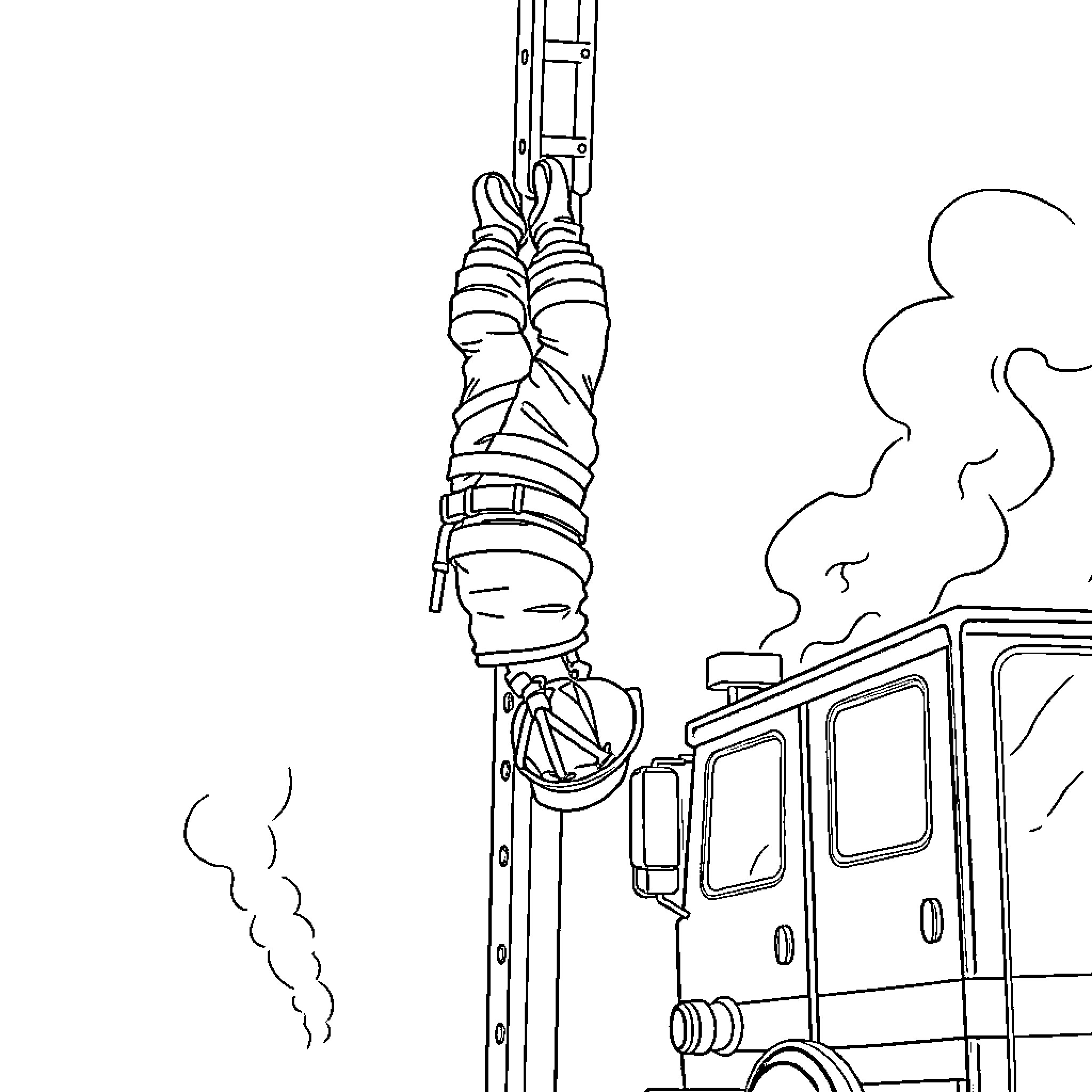 Firefighter scaling tall ladder with smoke in the background Coloring Page (free black-and-white line drawing printable PDF for all, from beginners to advanced learners, including children, teens, adults, and seniors)