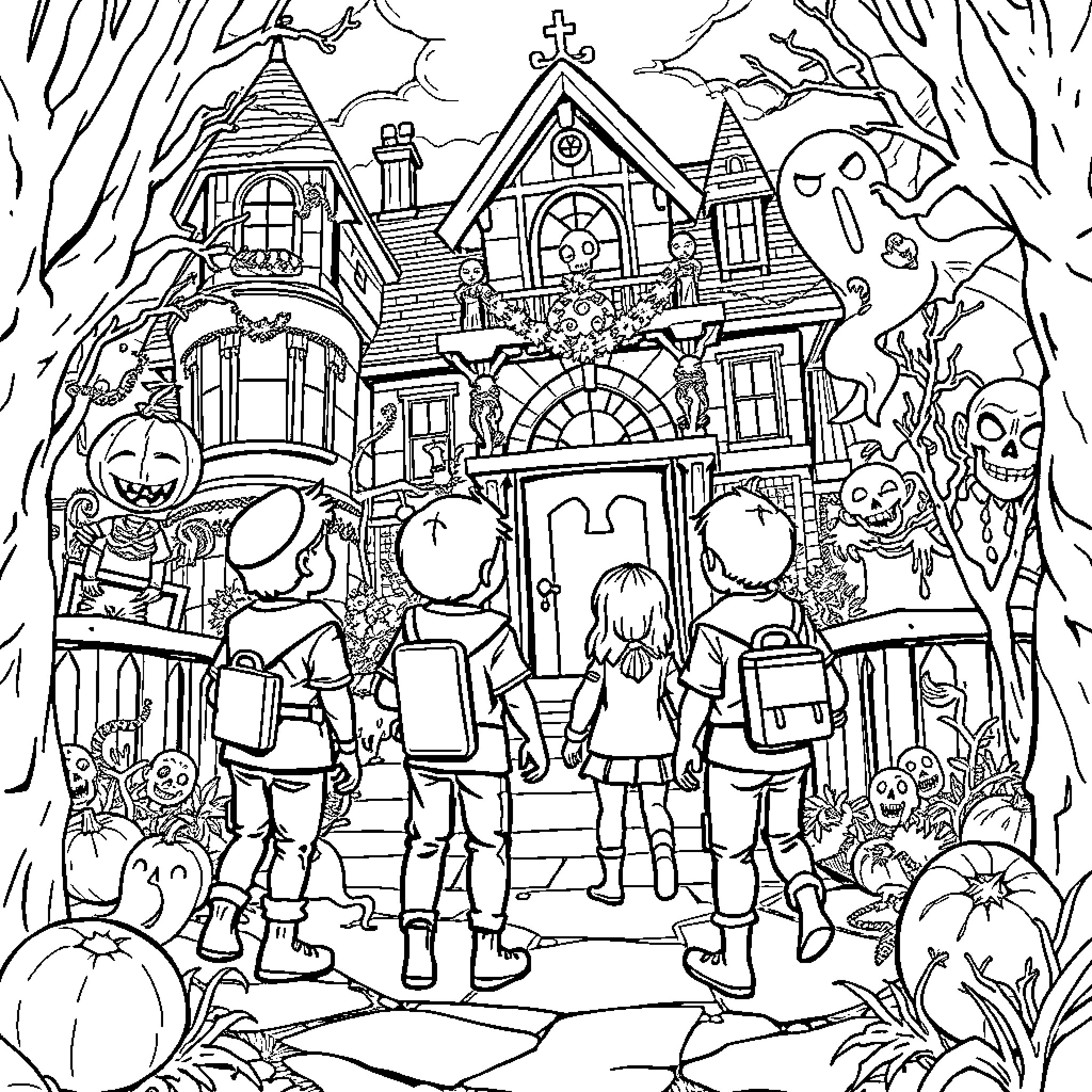 Cub Scouts exploring a haunted house on Halloween Coloring Page (free black-and-white line drawing printable PDF for all, from beginners to advanced learners, including children, teens, adults, and seniors)