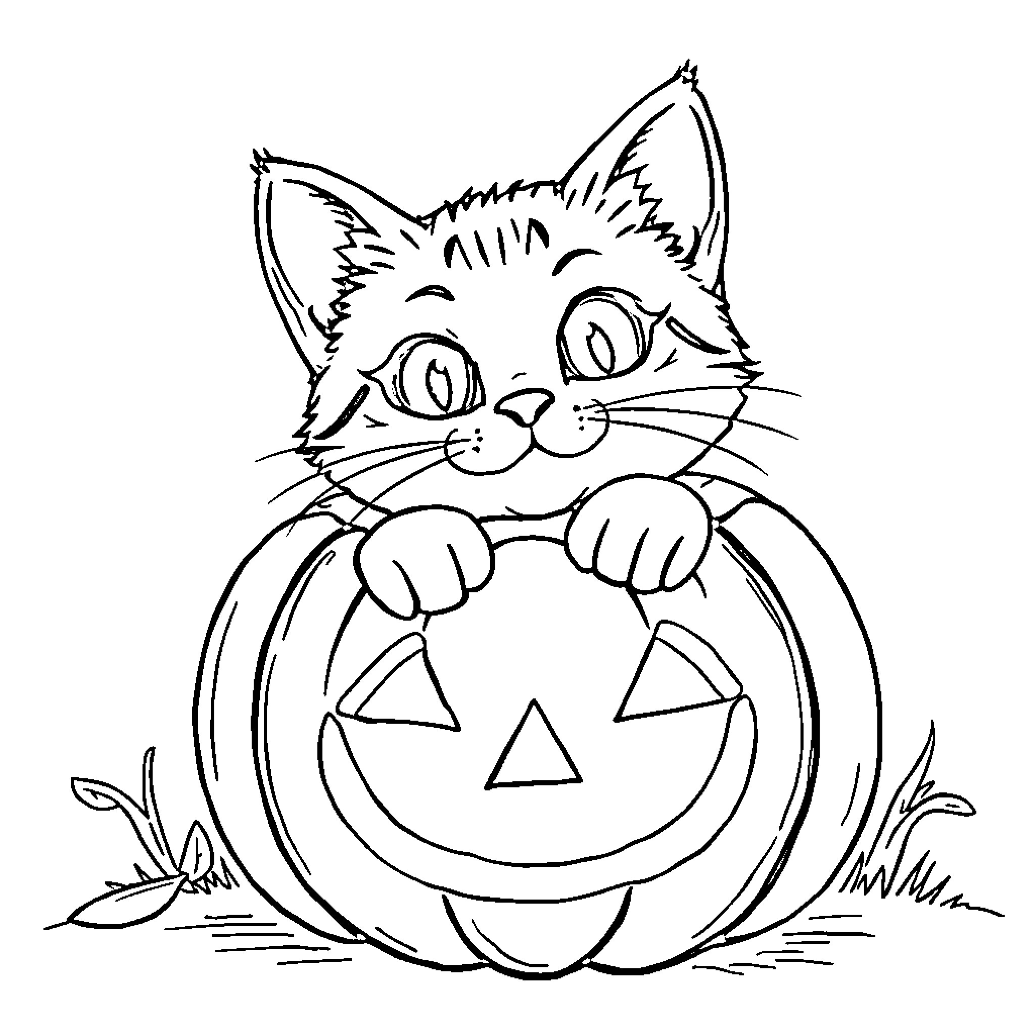 Cat peeking out of Halloween pumpkin Coloring Page (free black-and-white line drawing printable PDF for all, from beginners to advanced learners, including children, teens, adults, and seniors)
