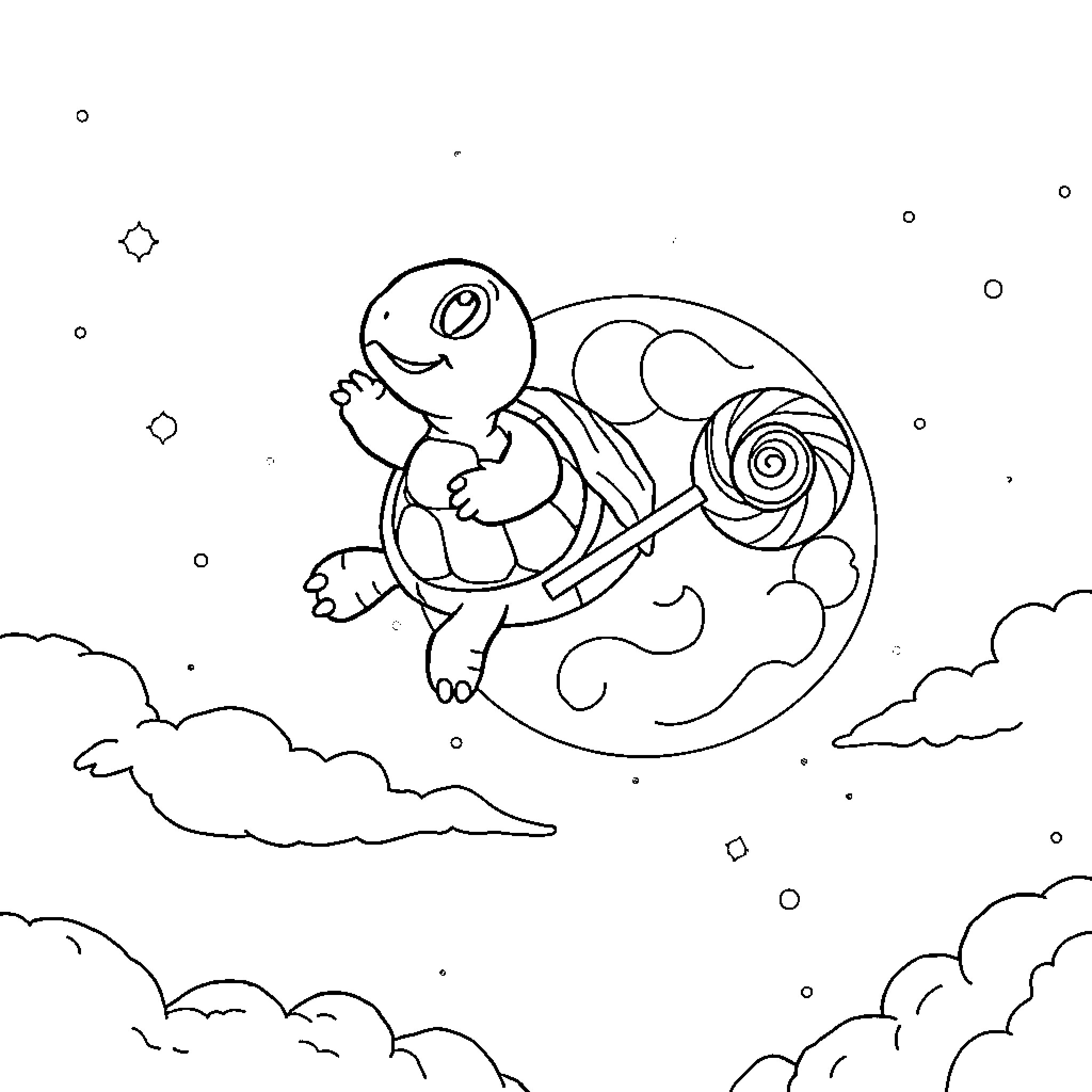 Turtle floating happily on cloud in the night Coloring Page (free black-and-white line drawing printable PDF for all, from beginners to advanced learners, including children, teens, adults, and seniors)