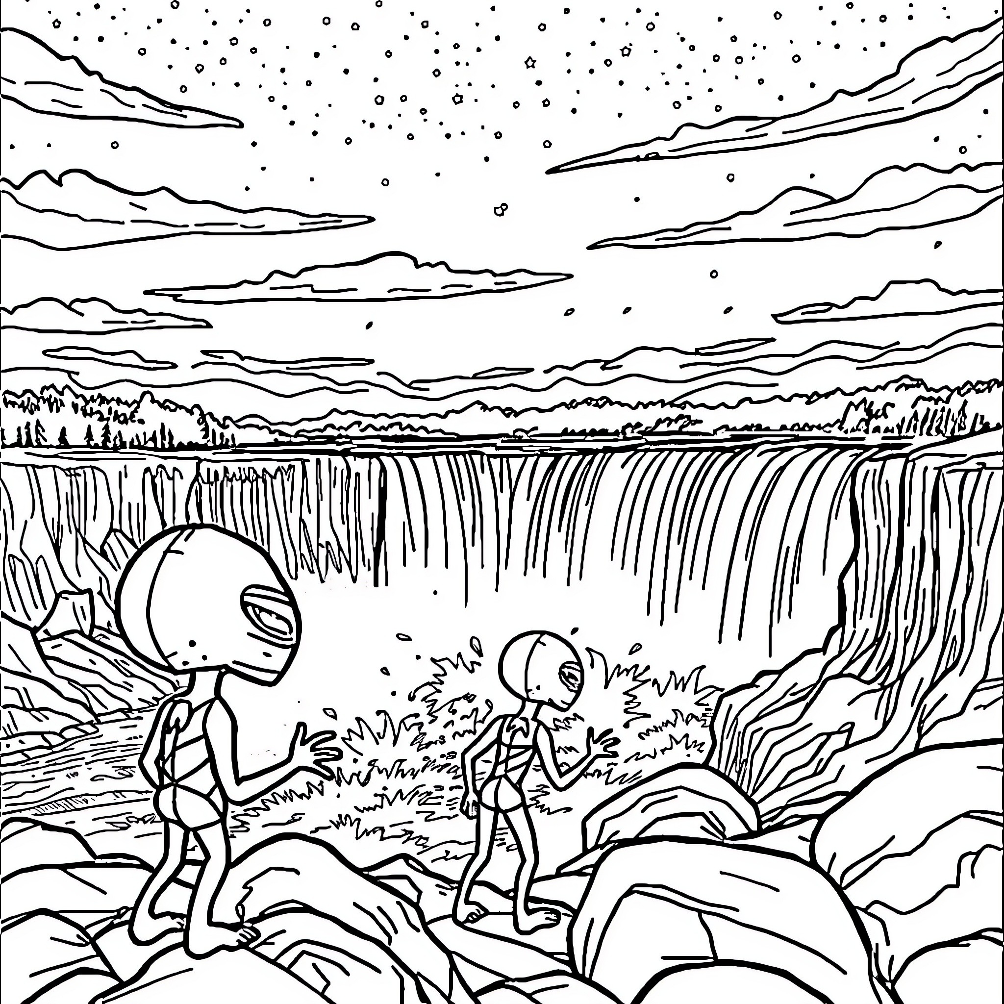 Alien Explorers Discover Spectacular Waterfall Landscape Coloring Page (free black-and-white line drawing printable PDF for all, from beginners to advanced learners, including children, teens, adults, and seniors)