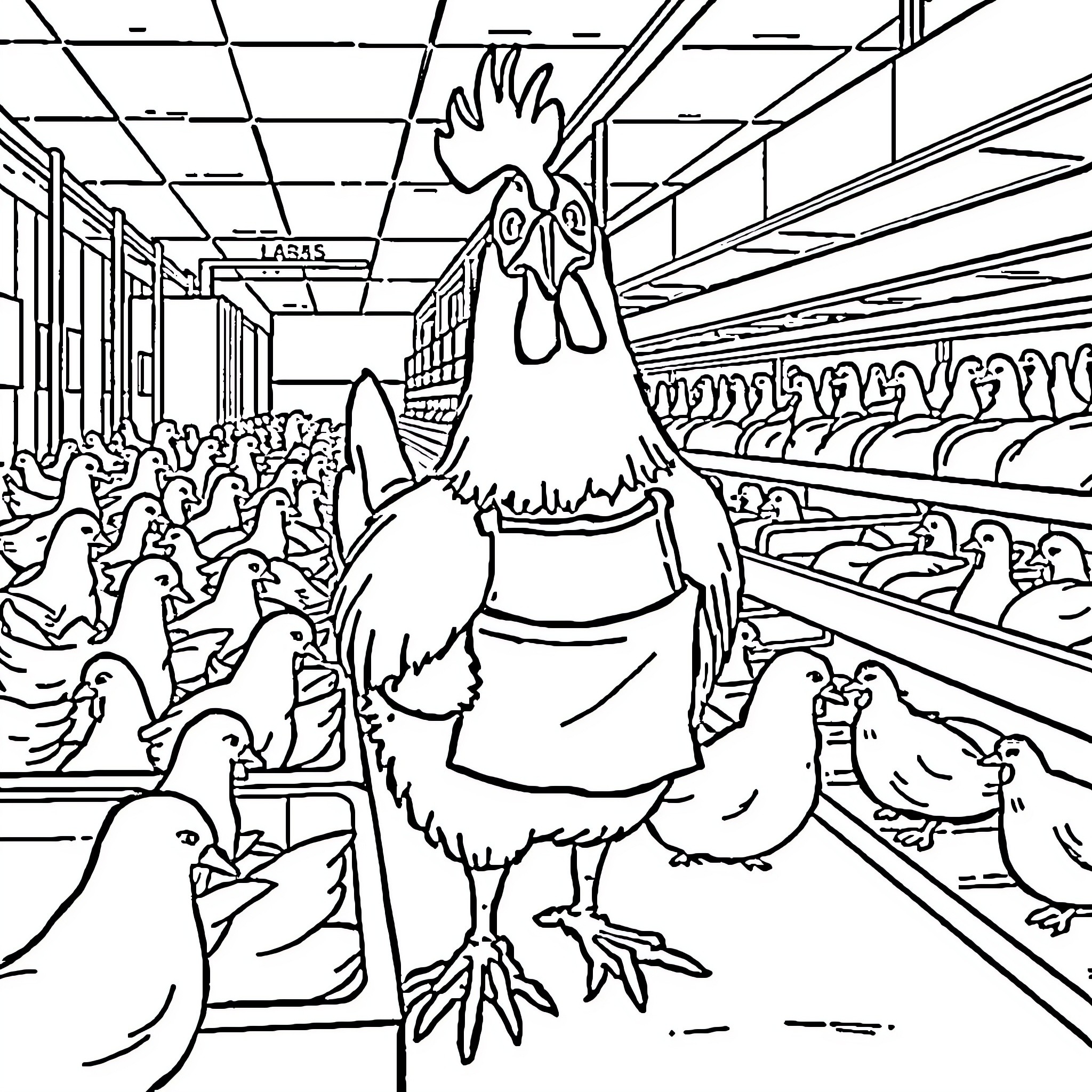 Chicken in a crowded poultry shop Coloring Page (free black-and-white line drawing printable PDF for all, from beginners to advanced learners, including children, teens, adults, and seniors)