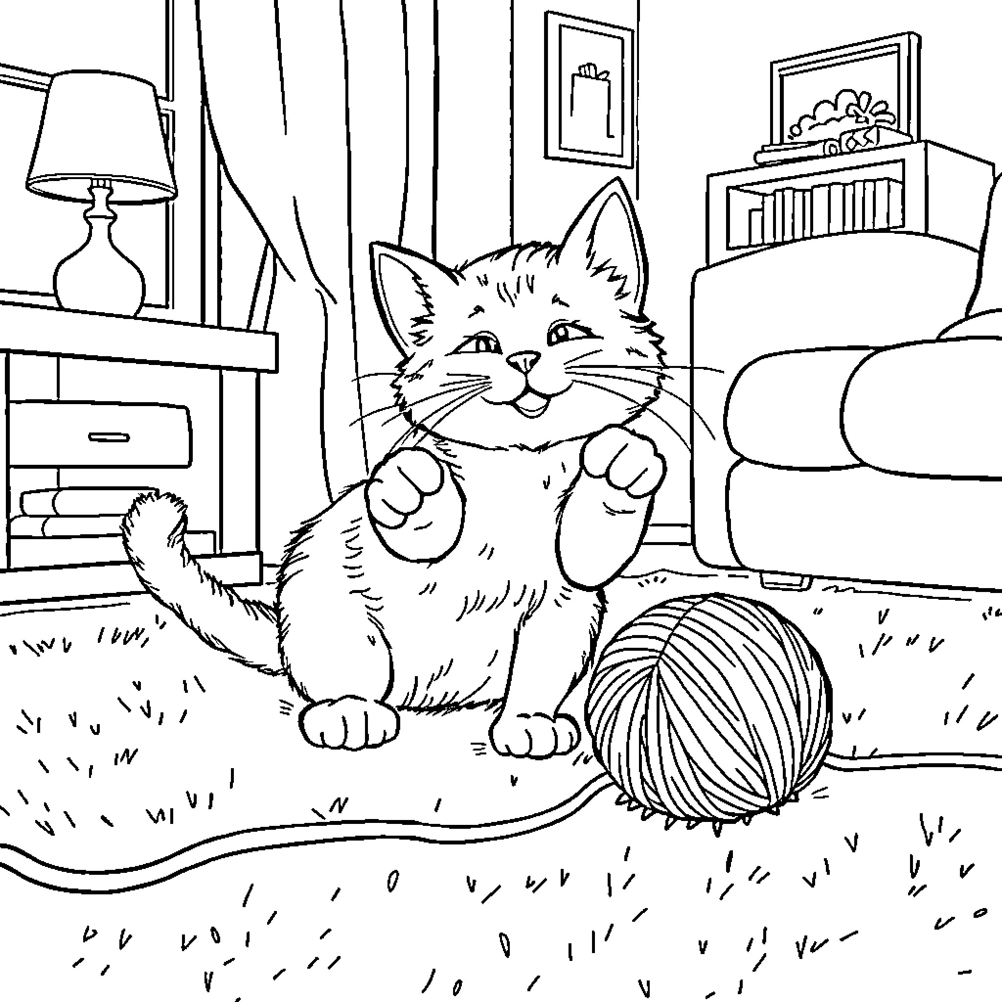 Cat playing with a yarn ball in a cozy room Coloring Page (free black-and-white line drawing printable PDF for all, from beginners to advanced learners, including children, teens, adults, and seniors)