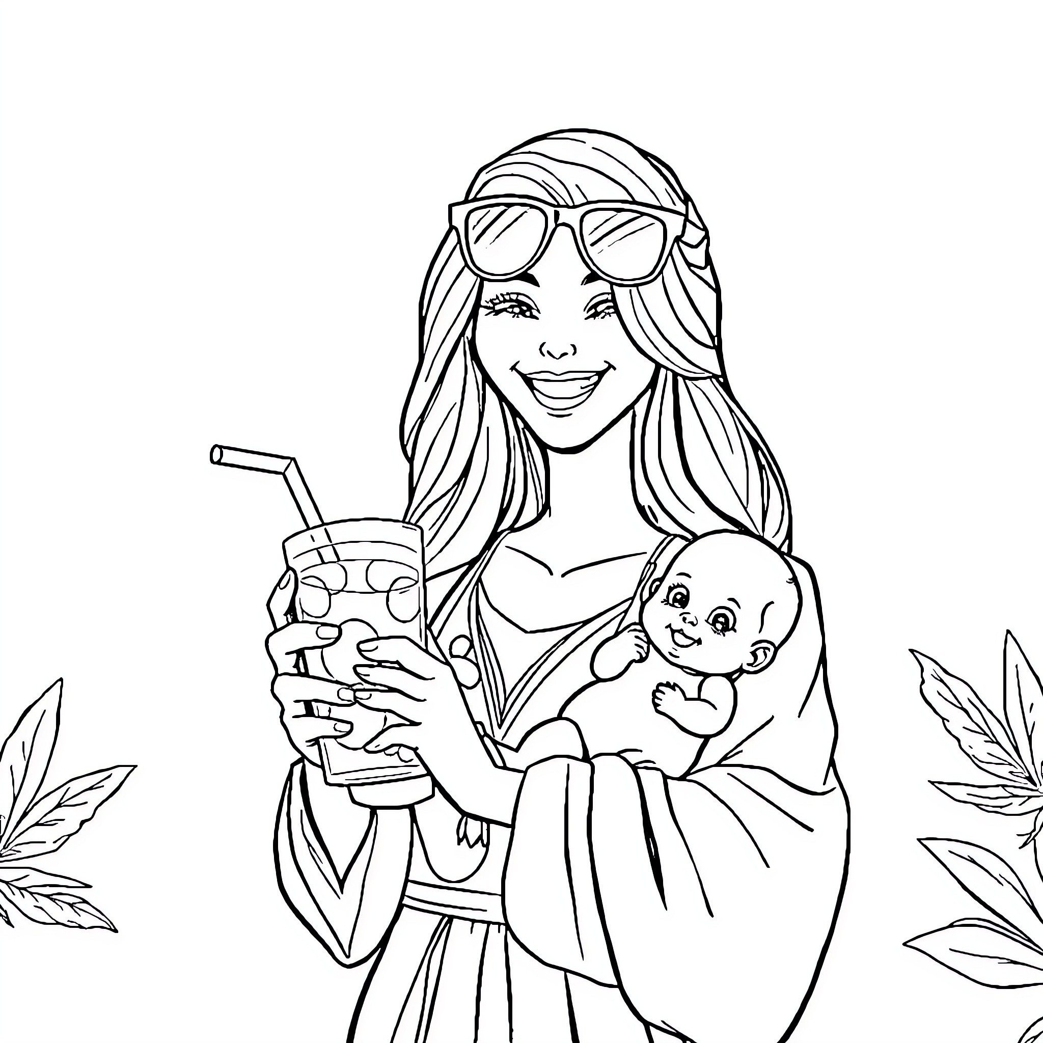 Godmother enjoying a refreshing drink with her child Coloring Page (free black-and-white line drawing printable PDF for all, from beginners to advanced learners, including children, teens, adults, and seniors)