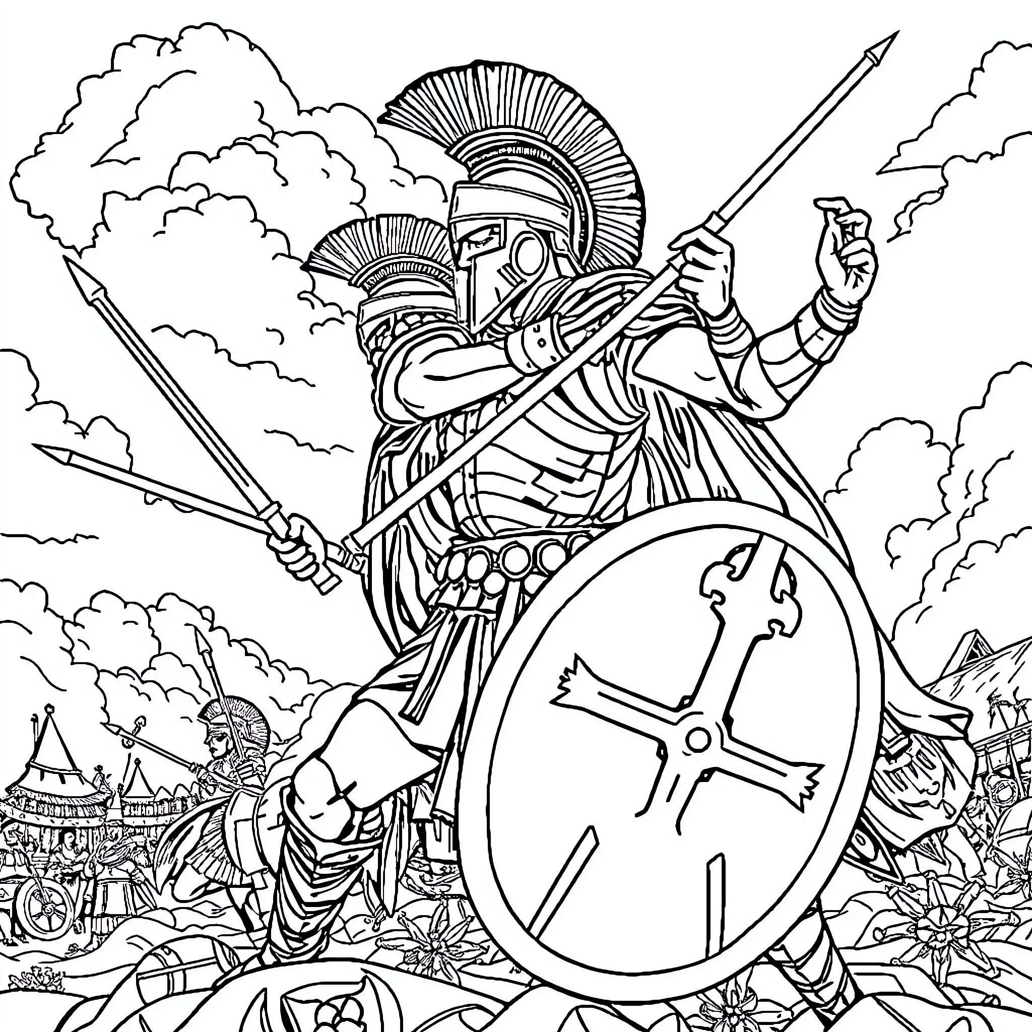 Spartan warrior in battle with shield and spear Coloring Page (free black-and-white line drawing printable PDF for all, from beginners to advanced learners, including children, teens, adults, and seniors)