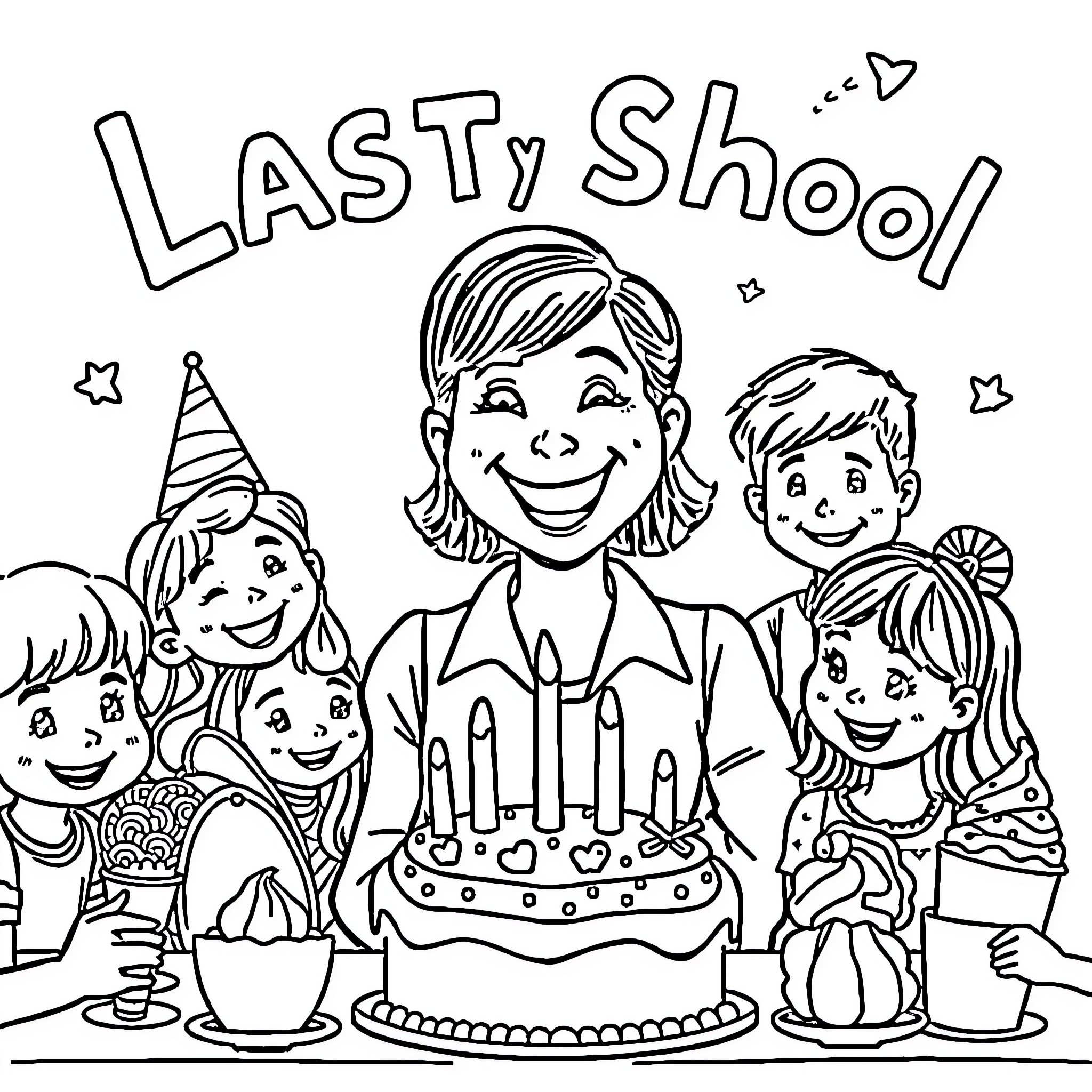 Teacher Celebrating Last School Day with Students Coloring Page (free black-and-white line drawing printable PDF for all, from beginners to advanced learners, including children, teens, adults, and seniors)