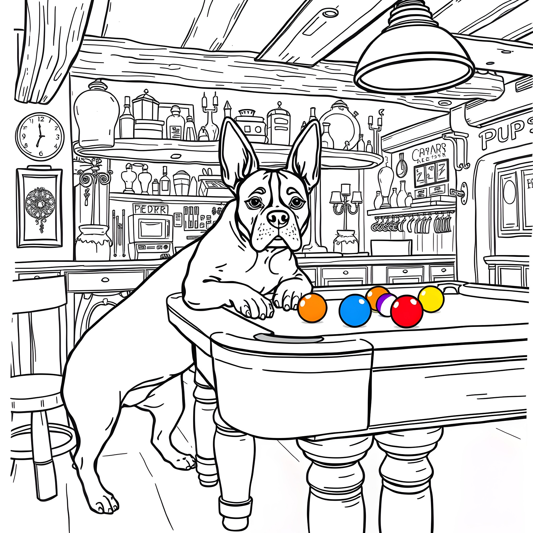 American Staffy Playing Pool in Retro Bar Coloring Page (free black-and-white line drawing printable PDF for all, from beginners to advanced learners, including children, teens, adults, and seniors)