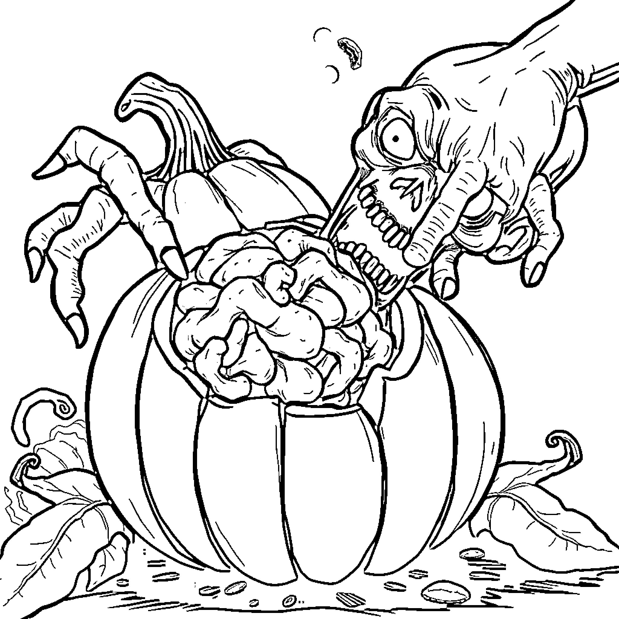 Zombie Crawling out of a Pumpkin Coloring Page (free black-and-white line drawing printable PDF for all, from beginners to advanced learners, including children, teens, adults, and seniors)