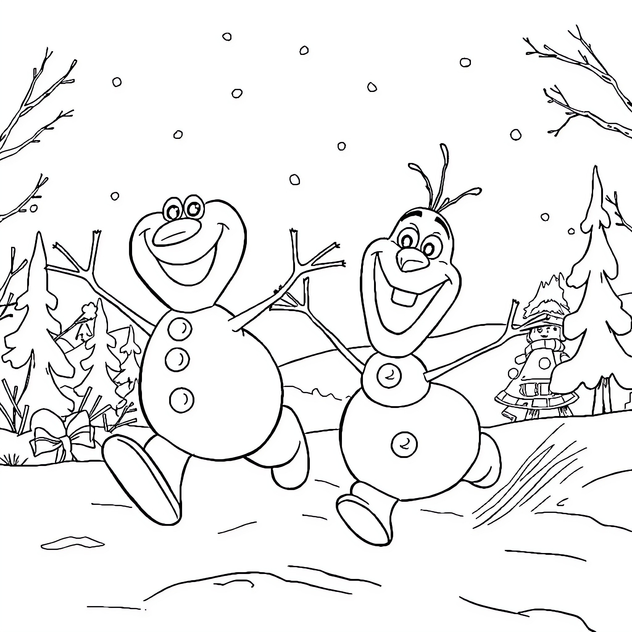 Snowman friends playing happily in the winter landscape Coloring Page (free black-and-white line drawing printable PDF for all, from beginners to advanced learners, including children, teens, adults, and seniors)