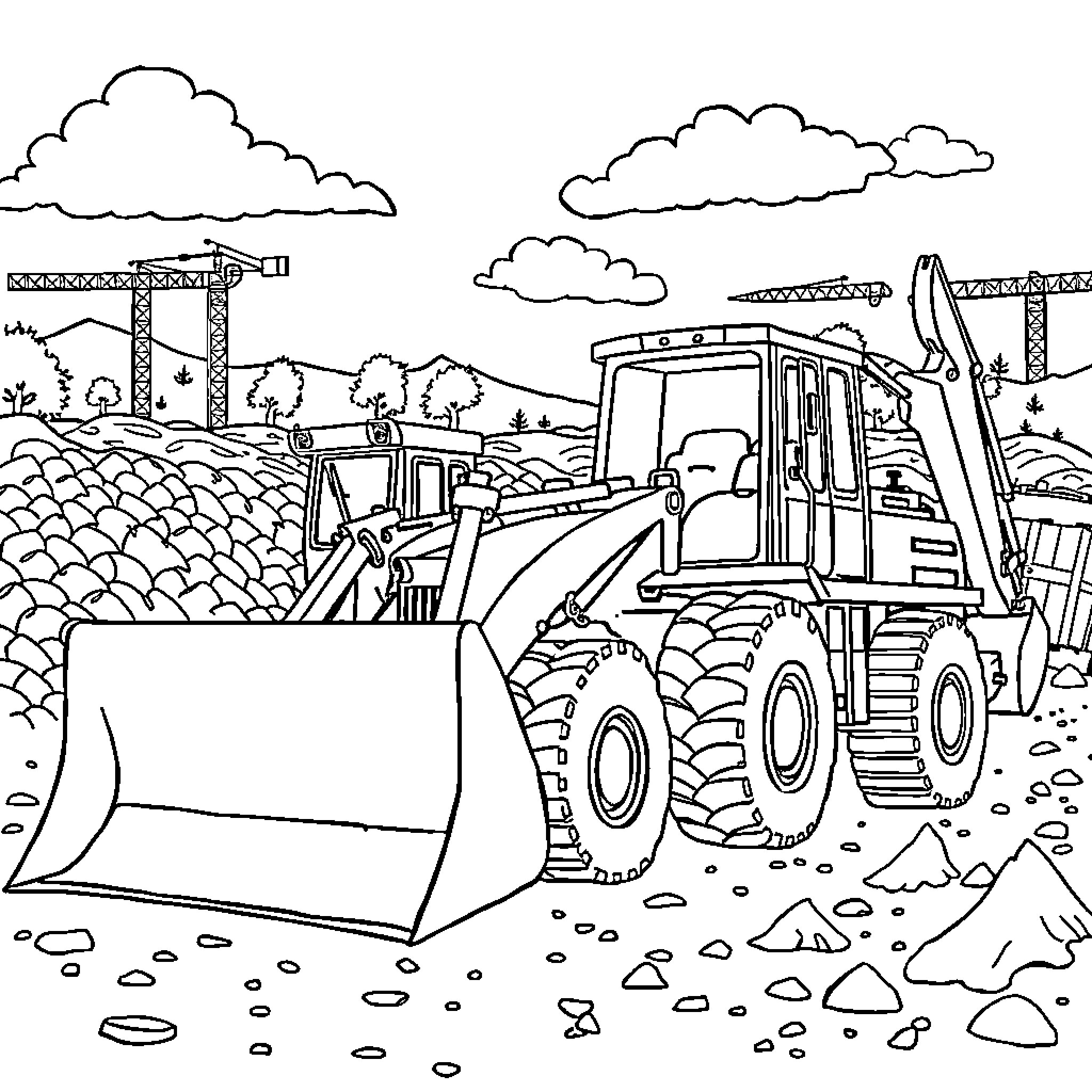 Digger at work on a construction site Coloring Page (free black-and-white line drawing printable PDF for all, from beginners to advanced learners, including children, teens, adults, and seniors)