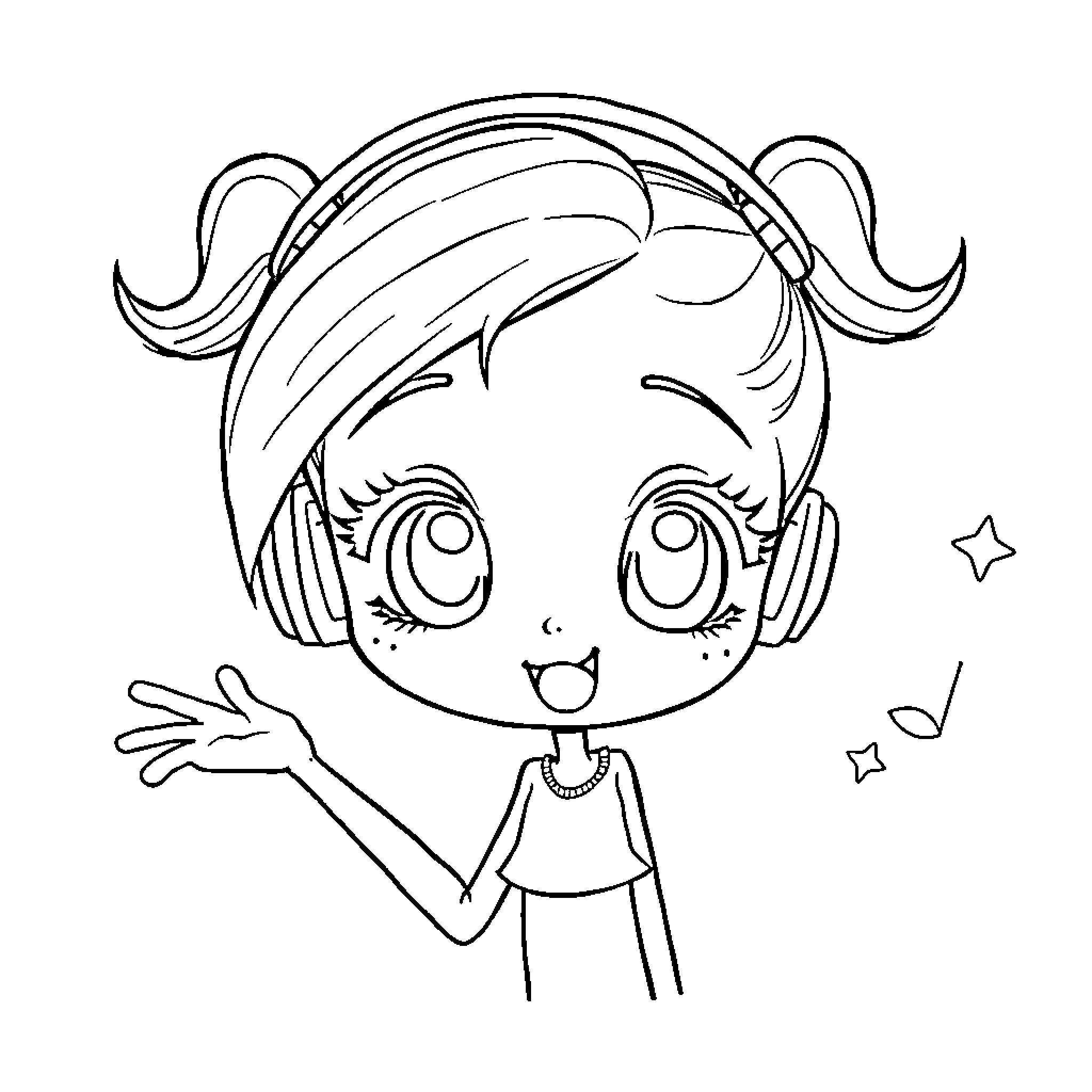 Anime Girl Joyfully Listening to Music Coloring Page (free black-and-white line drawing printable PDF for all, from beginners to advanced learners, including children, teens, adults, and seniors)