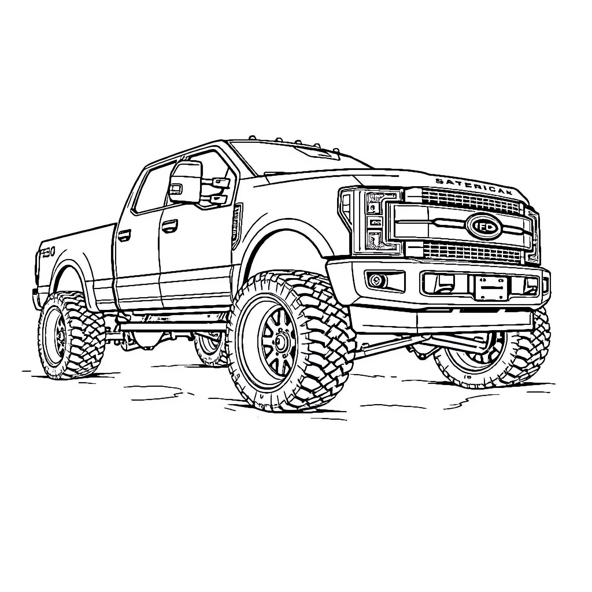 F250 Rugged Utility Truck with Off-Road Modifications Coloring Page (free black-and-white line drawing printable PDF for all, from beginners to advanced learners, including children, teens, adults, and seniors)