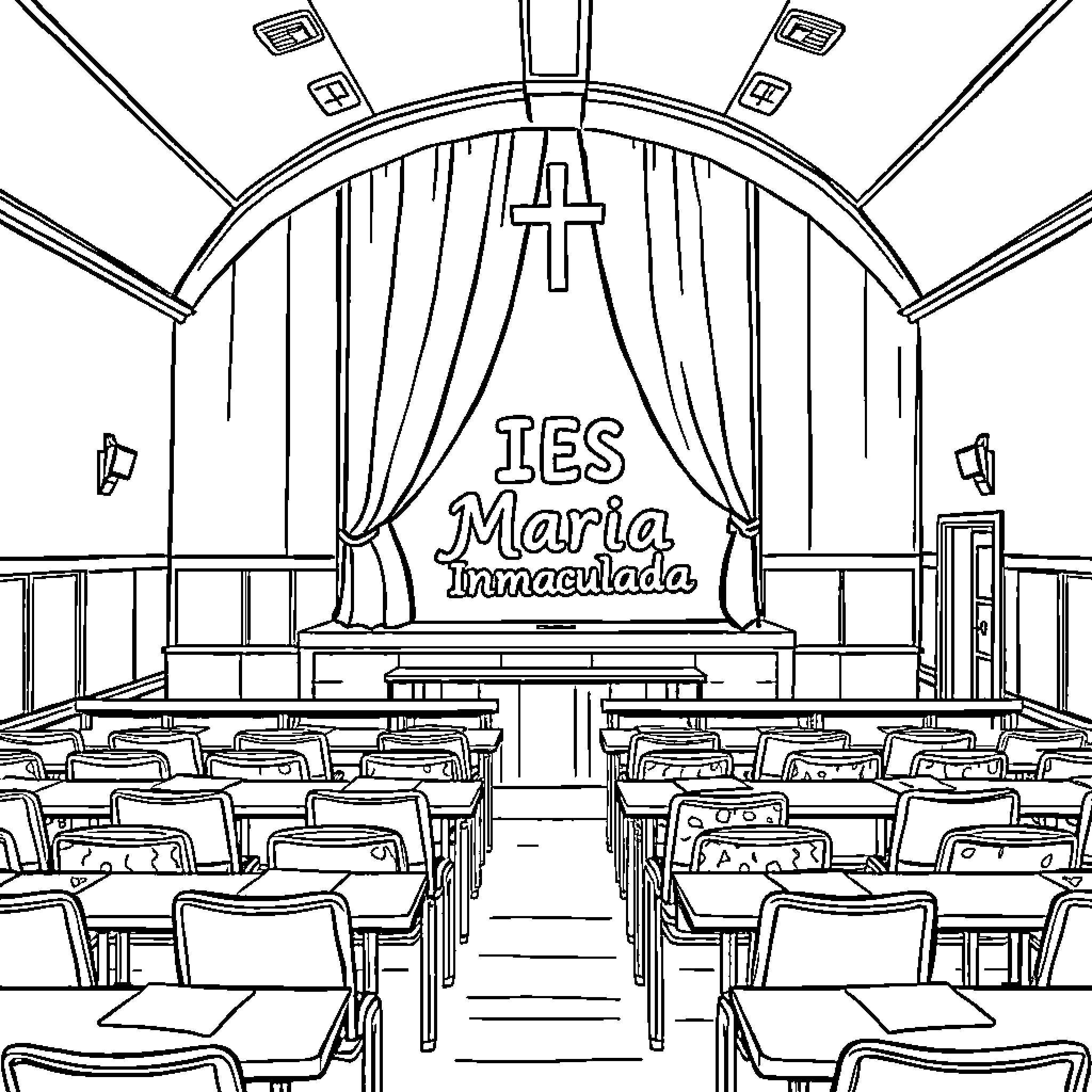 Classroom with Stage and Religious Decor Coloring Page (free black-and-white line drawing printable PDF for all, from beginners to advanced learners, including children, teens, adults, and seniors)