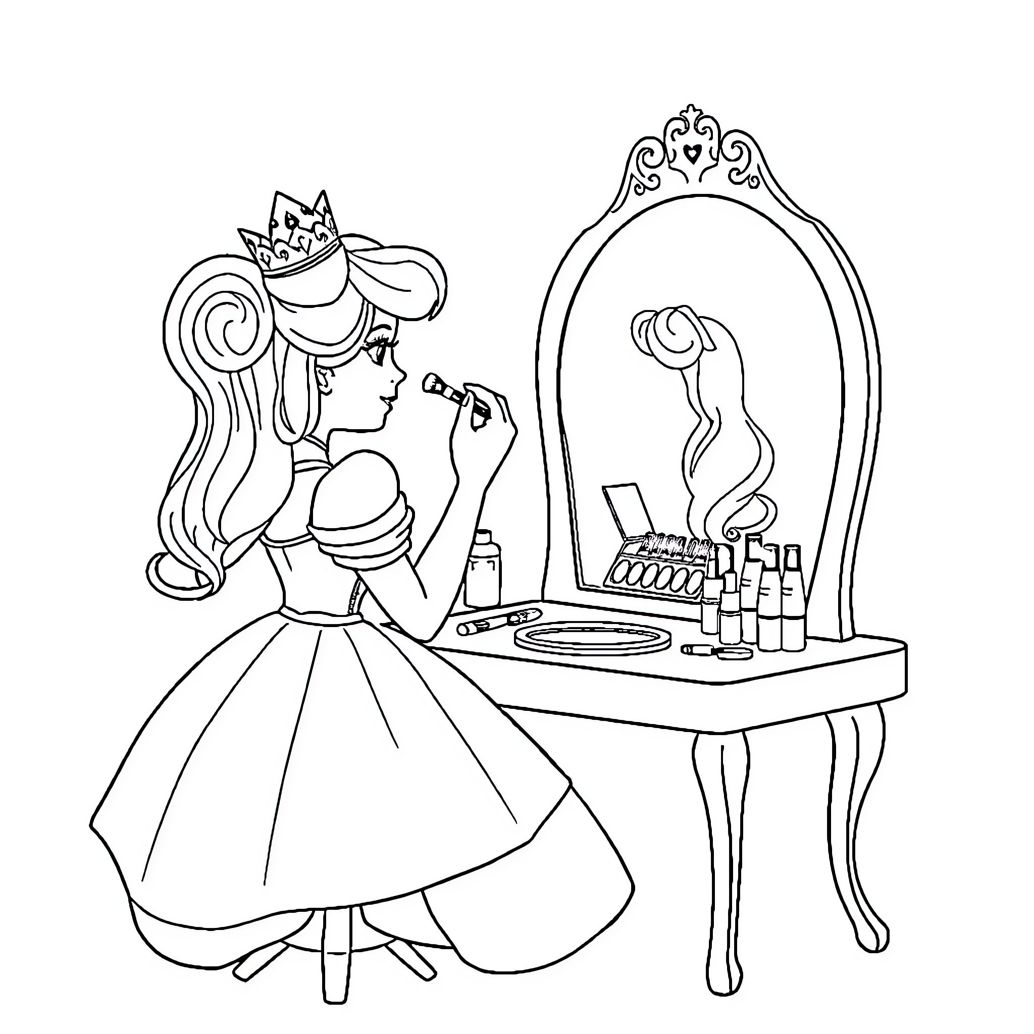 Princess Applying Makeup at Vanity Coloring Page (free black-and-white line drawing printable PDF for all, from beginners to advanced learners, including children, teens, adults, and seniors)