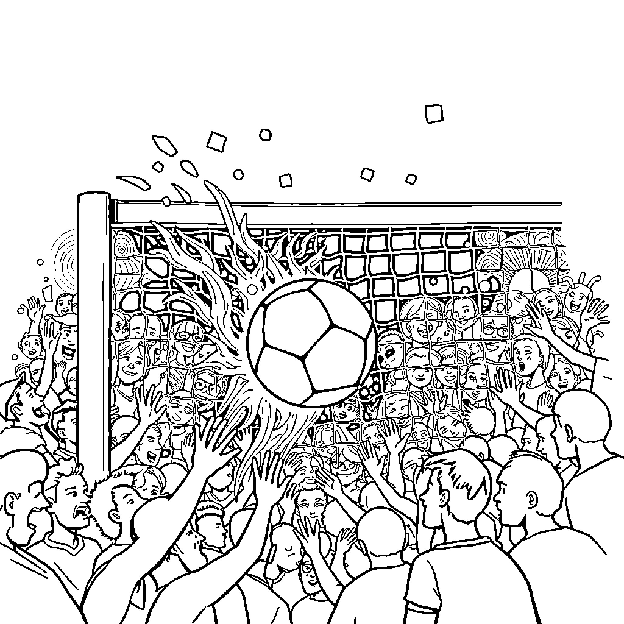 Ball soaring through the air in a crowded sports event Coloring Page (free black-and-white line drawing printable PDF for all, from beginners to advanced learners, including children, teens, adults, and seniors)