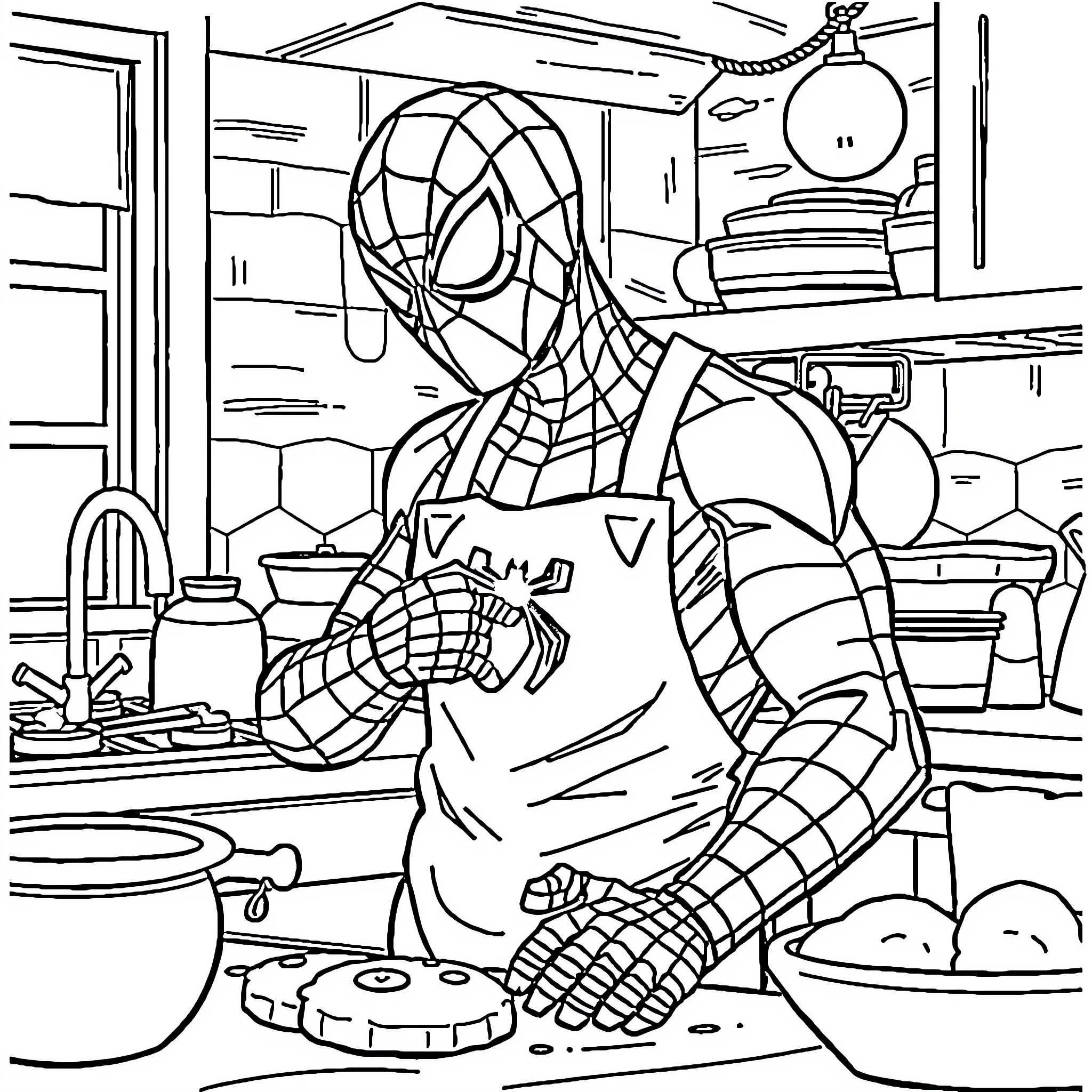 Spiderman in his heroic pose in a laboratory setting Coloring Page (free black-and-white line drawing printable PDF for all, from beginners to advanced learners, including children, teens, adults, and seniors)