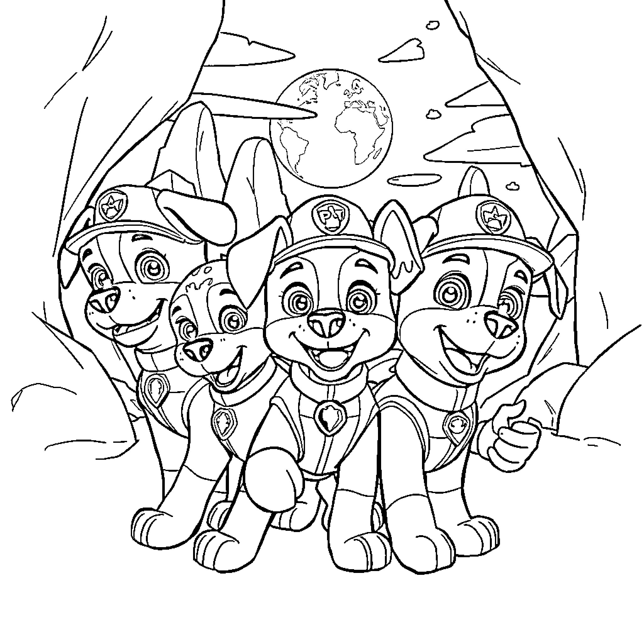 Paw Patrol puppies on an adventure Coloring Page (free black-and-white line drawing printable PDF for all, from beginners to advanced learners, including children, teens, adults, and seniors)