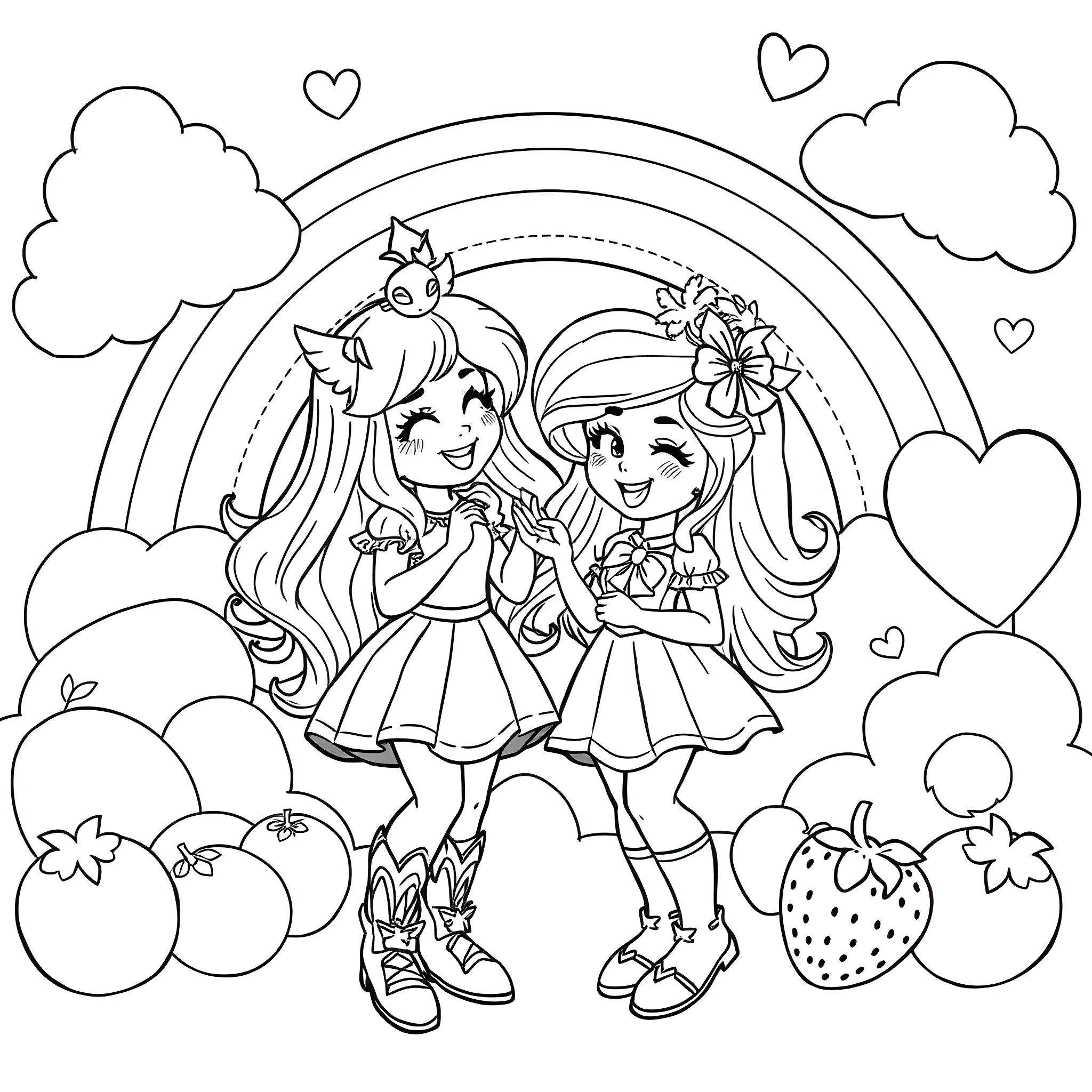Rainbow Brite friends having a joyful adventure Coloring Page (free black-and-white line drawing printable PDF for all, from beginners to advanced learners, including children, teens, adults, and seniors)