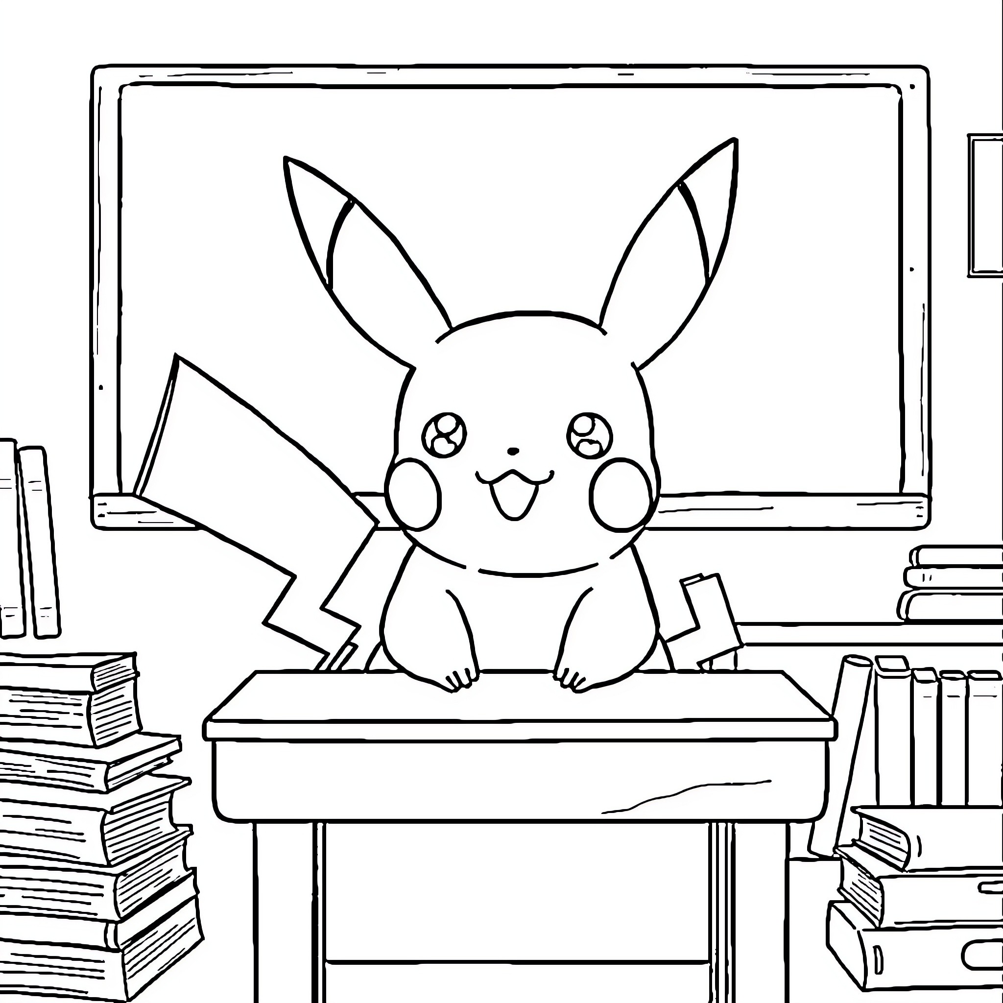 Pikachu sitting on a desk in a study room Coloring Page (free black-and-white line drawing printable PDF for all, from beginners to advanced learners, including children, teens, adults, and seniors)