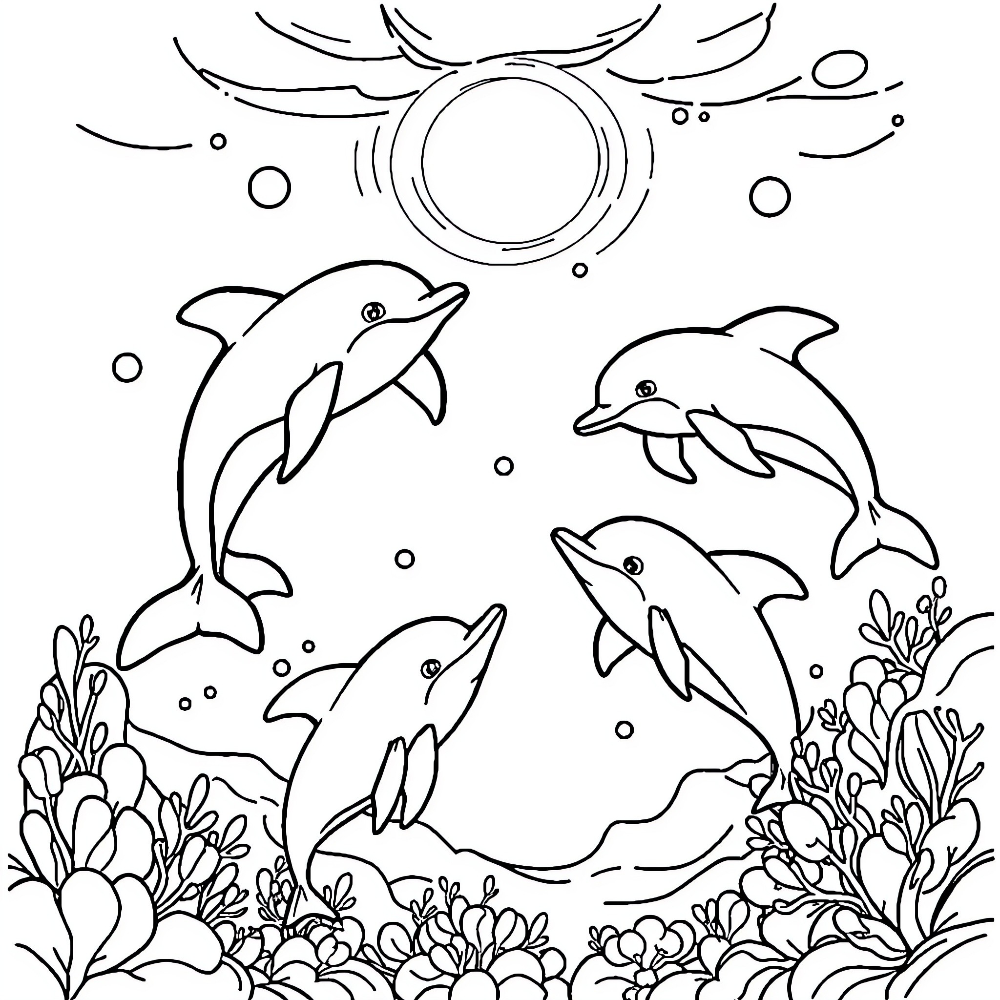 Dolphin playing joyfully among ocean life Coloring Page (free black-and-white line drawing printable PDF for all, from beginners to advanced learners, including children, teens, adults, and seniors)