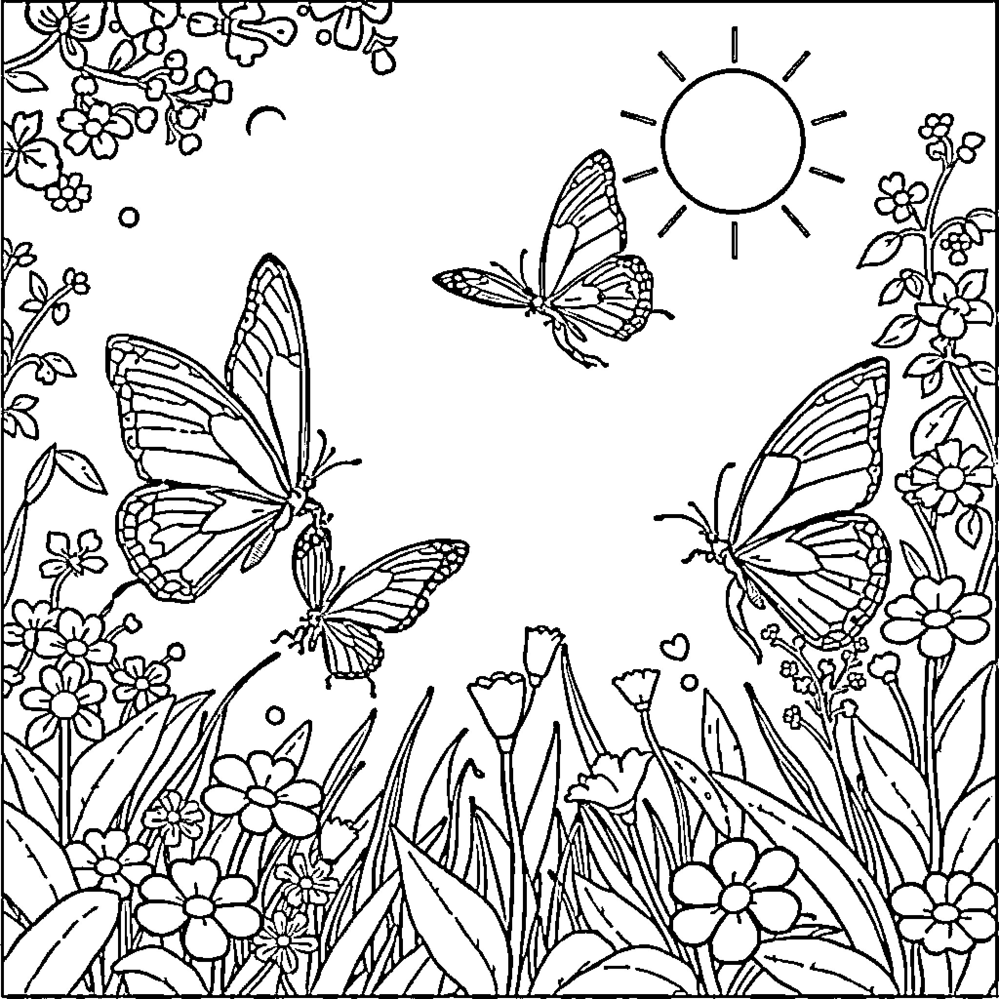 Butterfly Garden Filled with Flowers and Sunshine Coloring Page (free black-and-white line drawing printable PDF for all, from beginners to advanced learners, including children, teens, adults, and seniors)