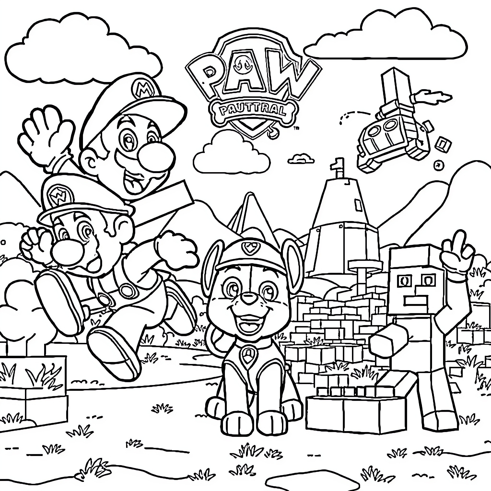 Mario and Paw Patrol Characters in Adventurous Scene Coloring Page (free black-and-white line drawing printable PDF for all, from beginners to advanced learners, including children, teens, adults, and seniors)