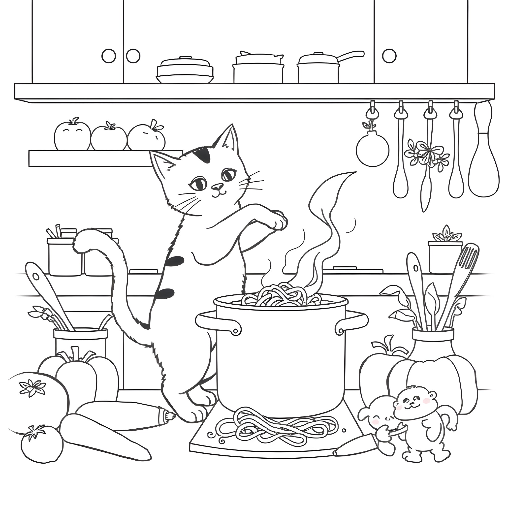 Cat cooking in the kitchen Coloring Page (free black-and-white line drawing printable PDF for all, from beginners to advanced learners, including children, teens, adults, and seniors)